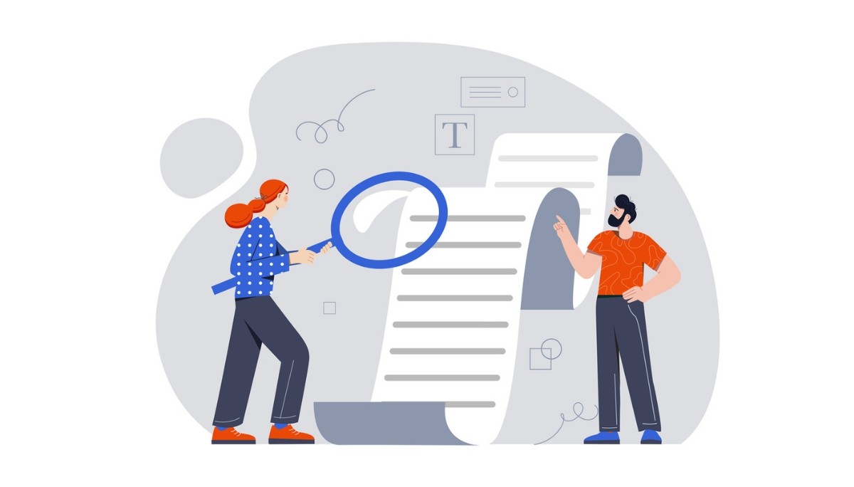 Illustration of two characters examining a large scroll‑like document, one using a magnifying glass and the other pointing at the text, with abstract icons and shapes in the background.
