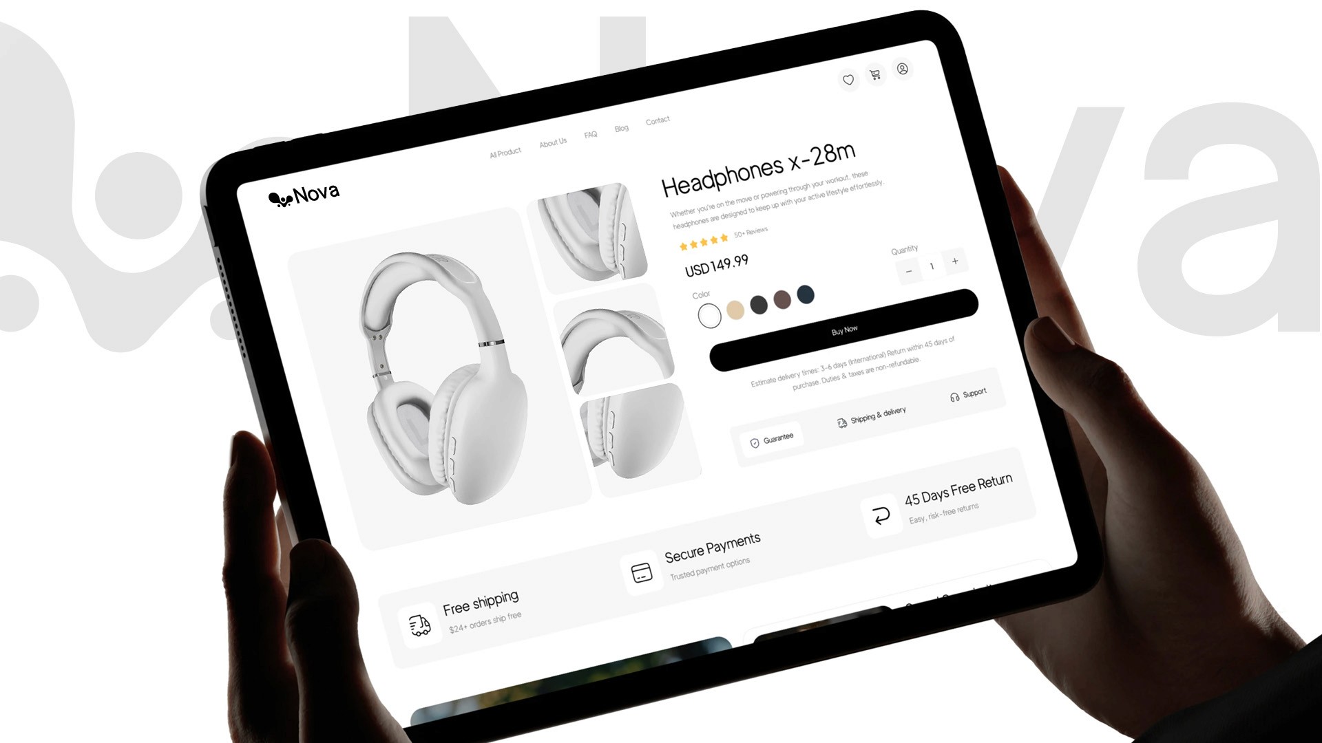The tablet interface maximizes screen real estate for immersive product imagery. 'Buy Now' section is optimized with accessible touch targets and clear shipping information to boost conversion confidence.