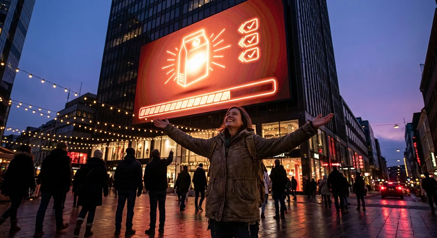 Person enjoys city lights under a digital billboard, "RockN' Socials".