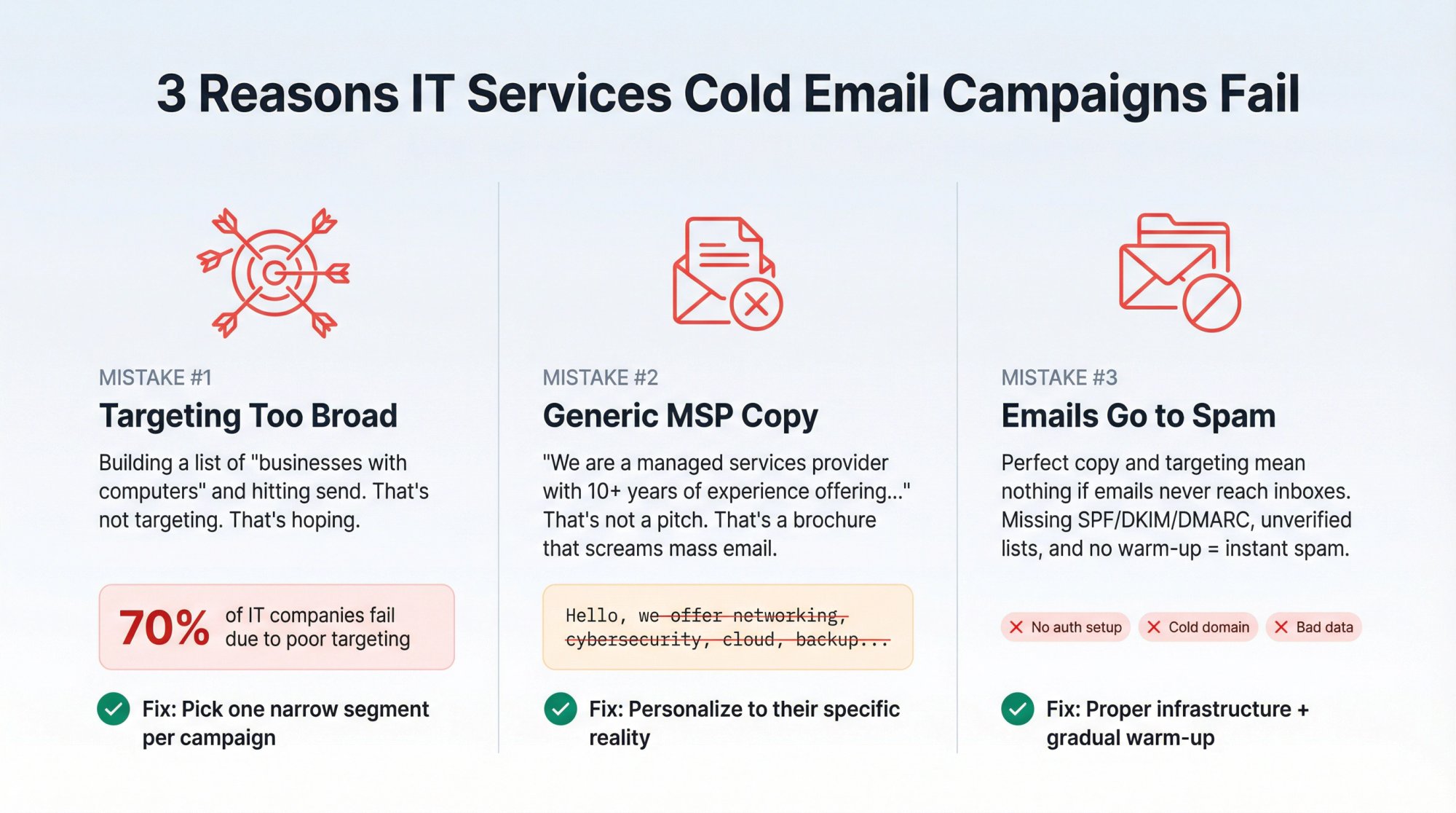 Three-panel diagnostic showing the top failure modes in IT services cold email campaigns: broad targeting, generic copy, and deliverability issues