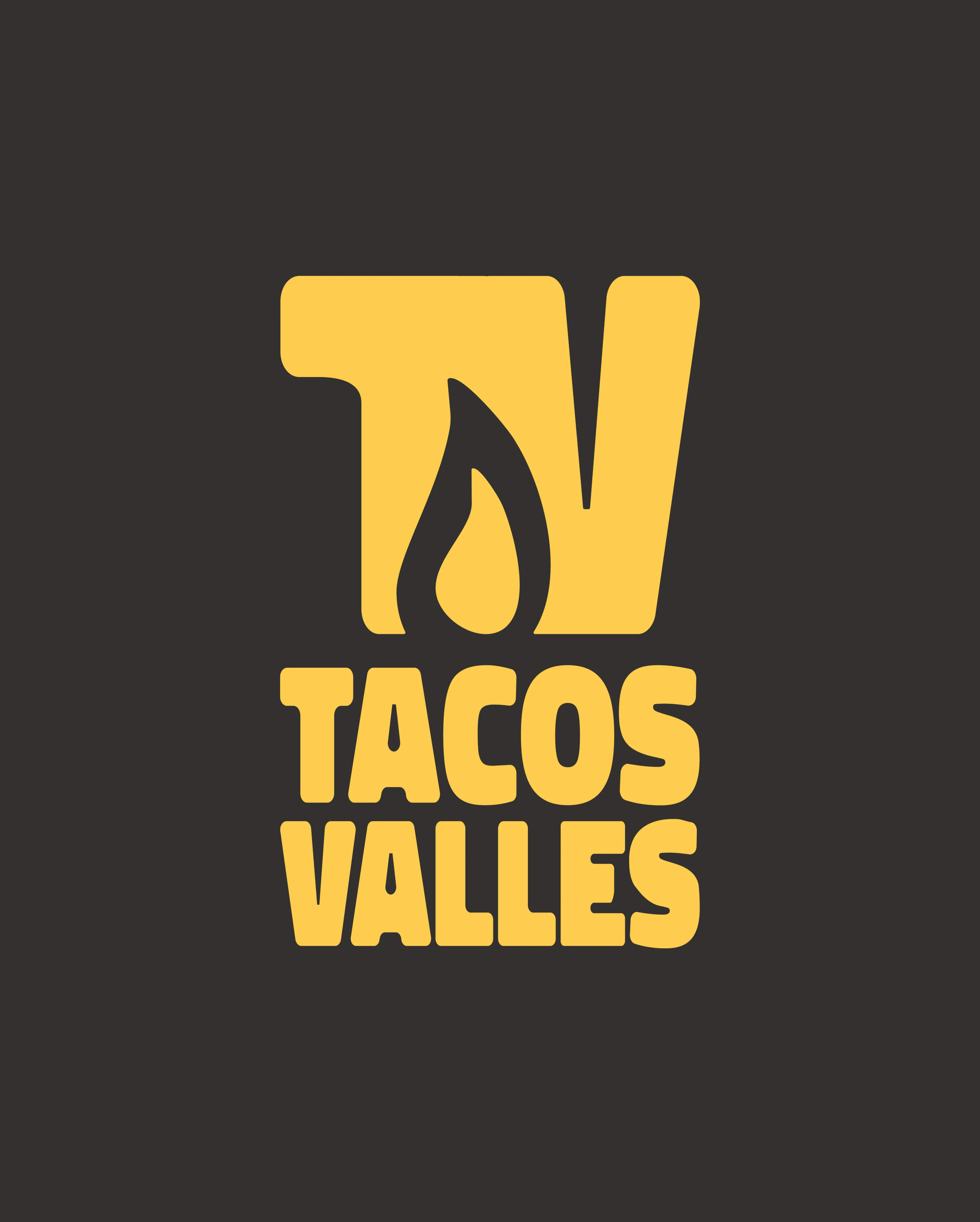 Logotipo amarillo de Tacos Valles sobre fondo oscuro.