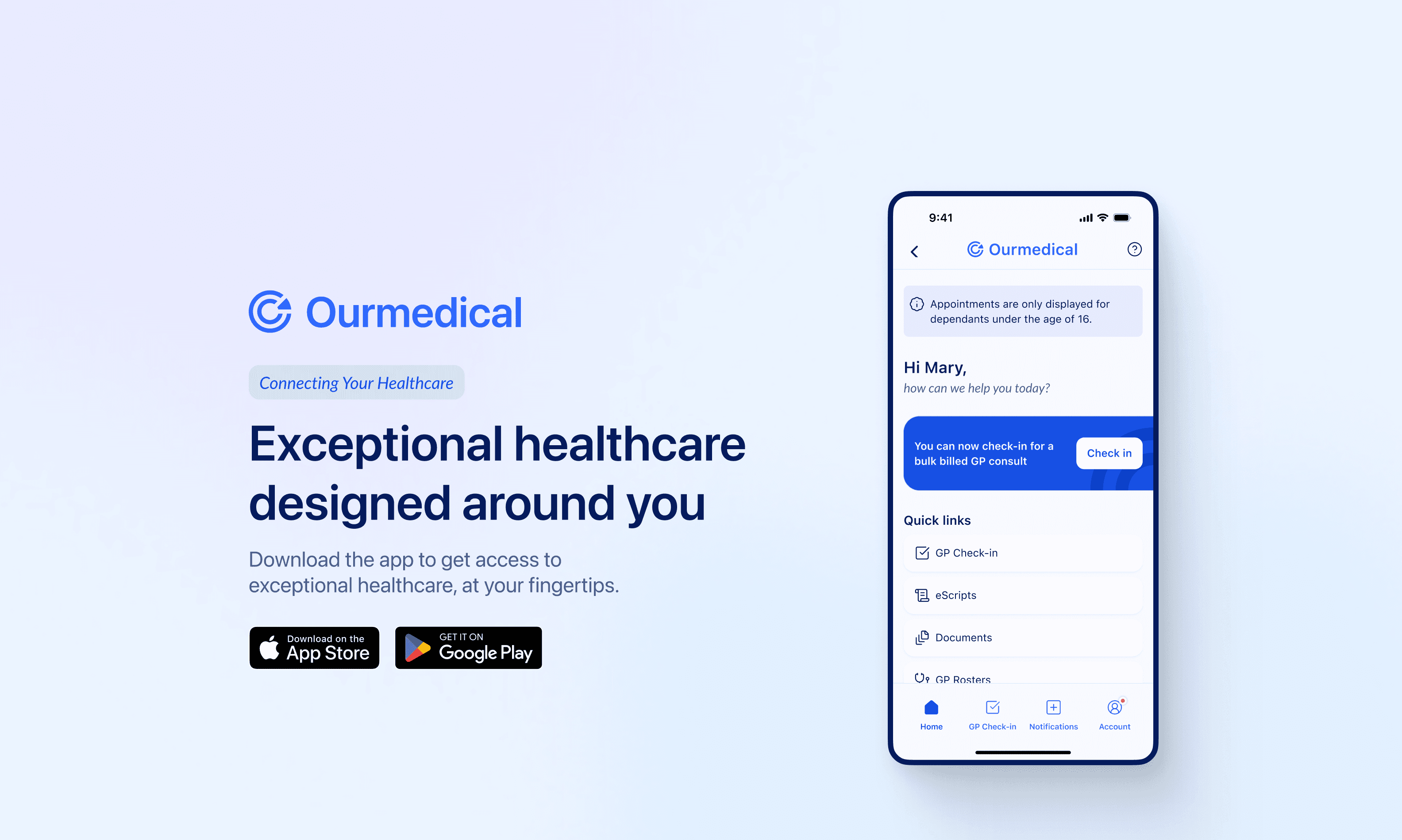 Our Medical App home page screen example