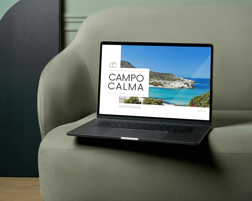 Digital application of the Campo Calma identity in a corporate presentation, focusing on the hospitality experience