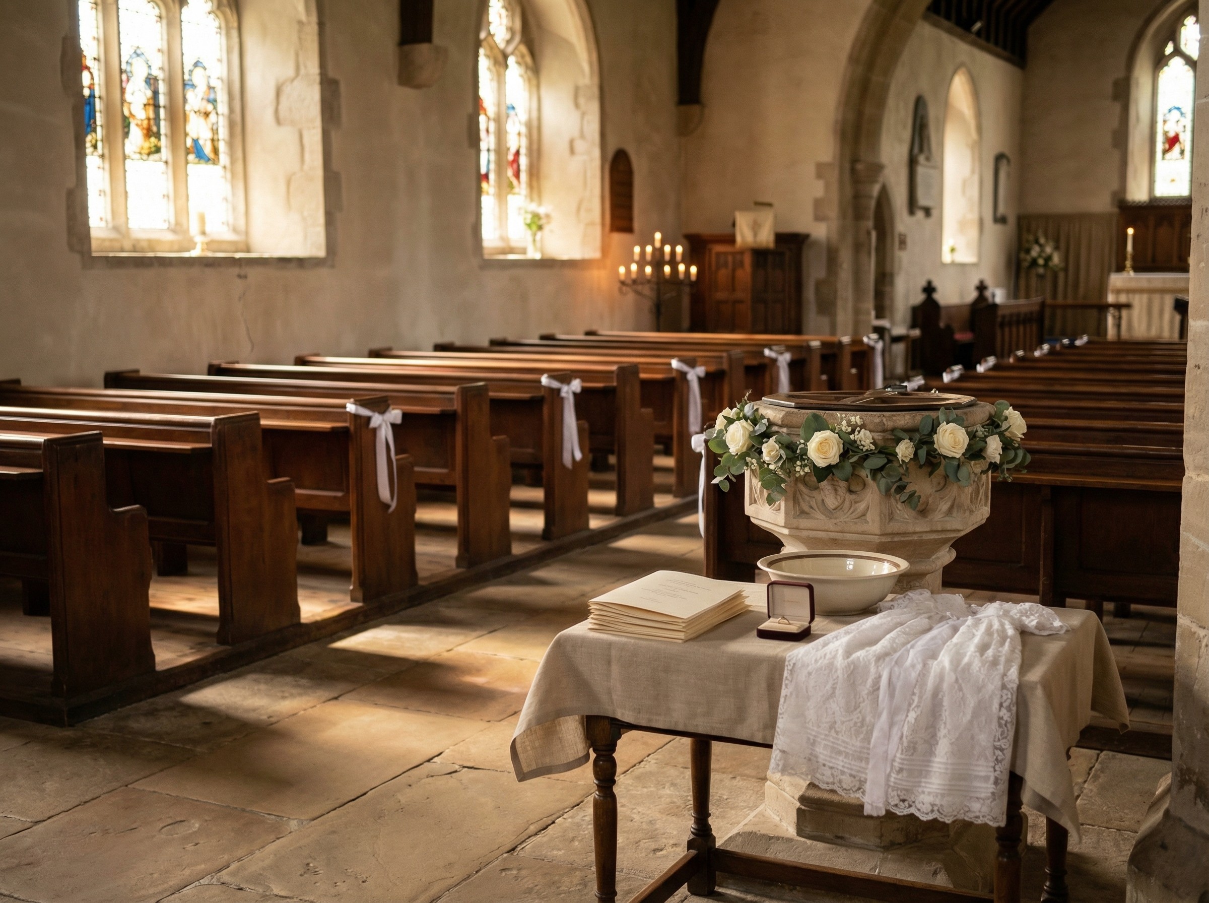 Ein sanft beleuchtetes Kirchenschiff zeigt ein geschmücktes Taufbecken und eine Bankreihe mit weißen Schleifen. Auf einem kleinen Tisch liegen ein Formular, ein Etui mit Ringen und ein Taufkleid. Die Szene strahlt Ruhe, Vorfreude und gute Vorbereitung aus.