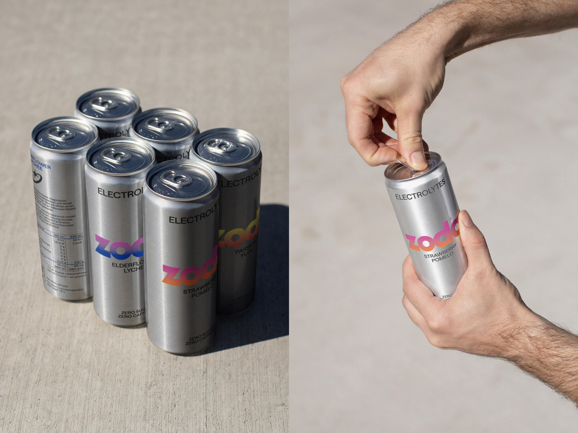 Zoda packaging design featuring six cans and hands opening a Zoda can, highlighting graphic design and product packaging.