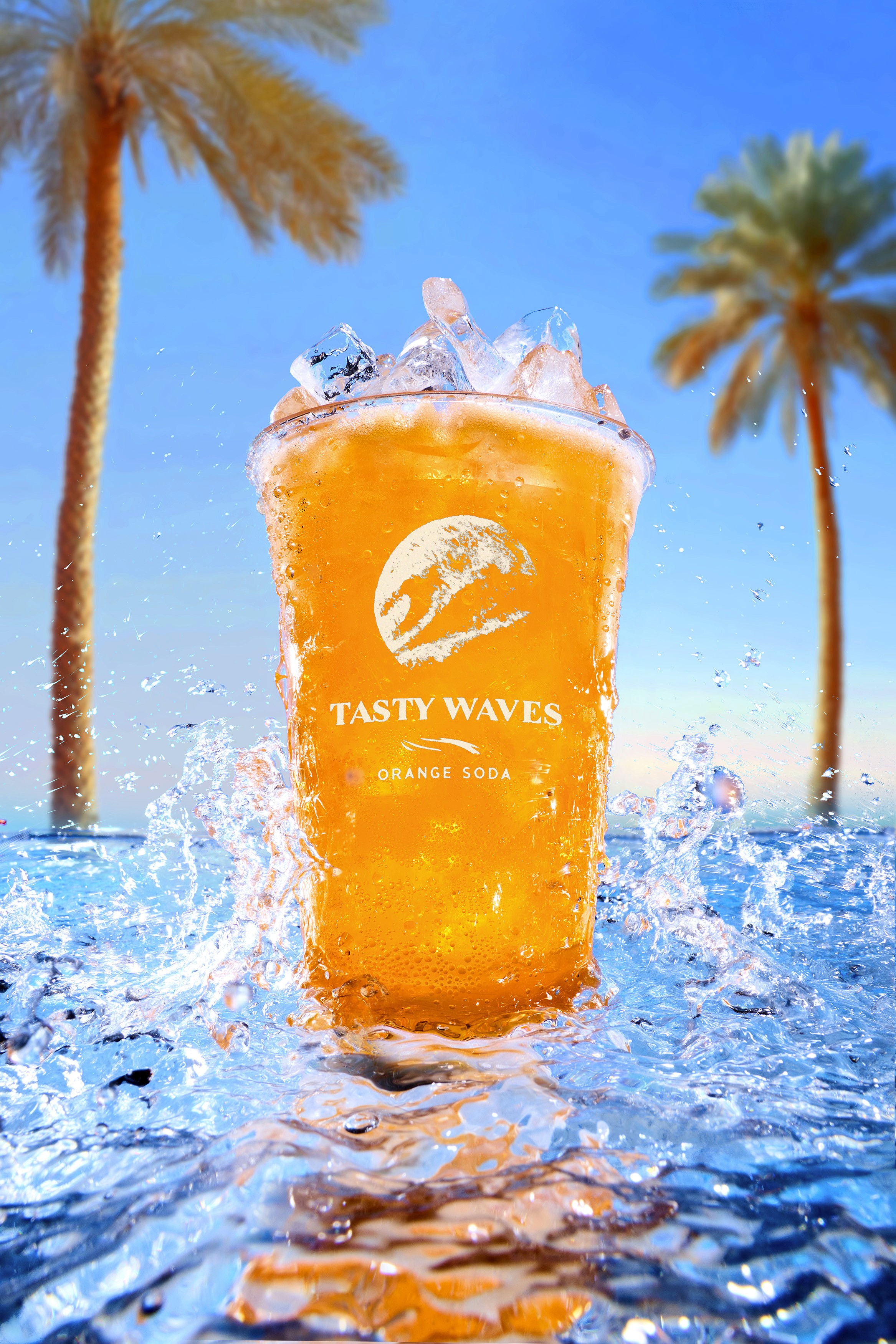 Heroic angle of styled beverage in glass pint glass filled to overflowing with shards of ice and carbonated orange soda set in wave pool with lots of waves and splashes.