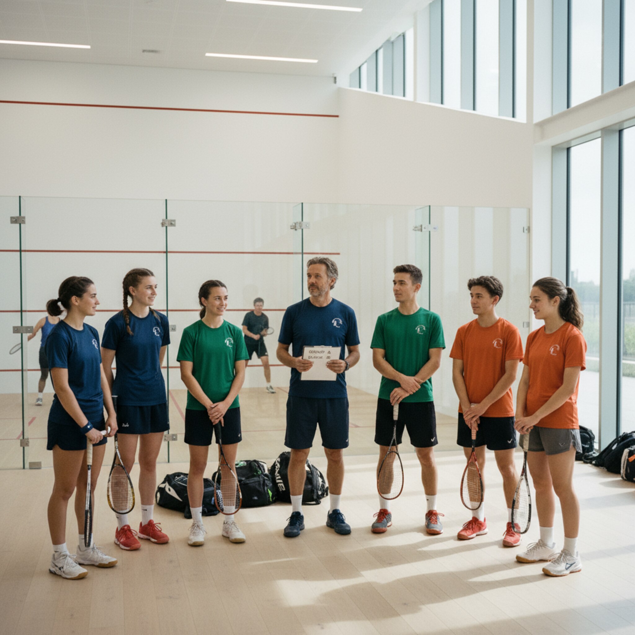 Vor einem Clubabend stehen gemischte Teams in Vereinsfarben nebeneinander und tauschen ein knappes Lächeln. Ein Trainer hält ein Klemmbrett mit Gruppen und Spielzeiten in der Hand. Die Stimmung ist verbindlich und gemeinschaftlich, alle wissen, wann und wo sie spielen.