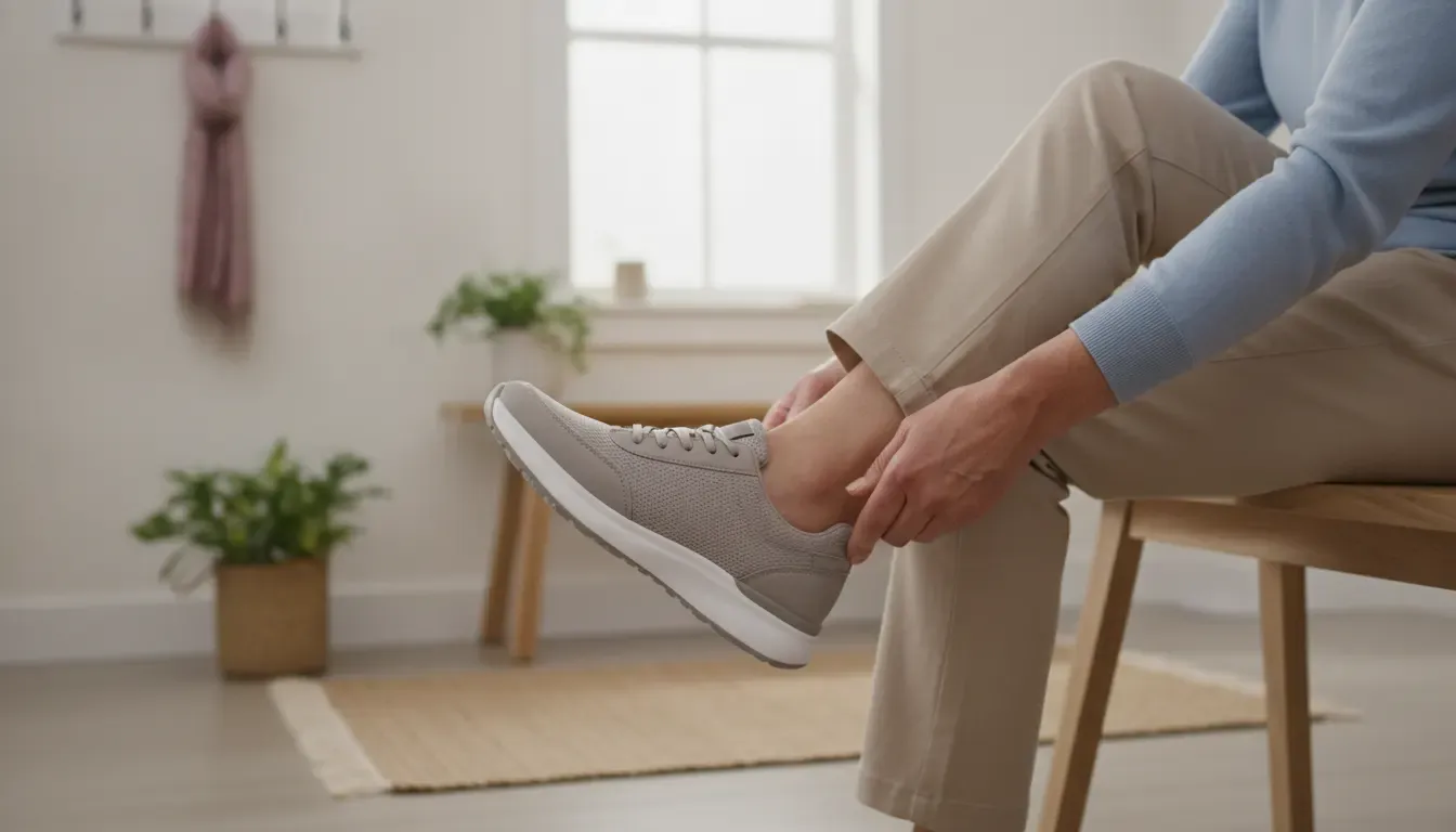 Adult trying on a supportive shoe for arthritic feet and ankles