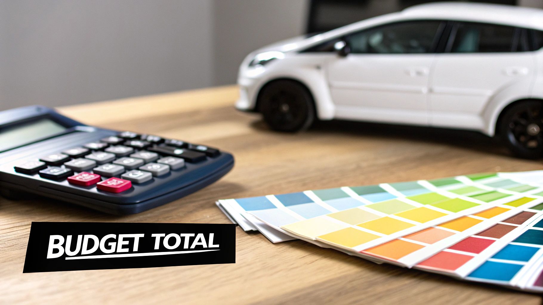 Une calculatrice, des échantillons de couleurs et une voiture jouet blanche sur une table en bois, avec l'inscription 'BUDGET TOTAL'.
