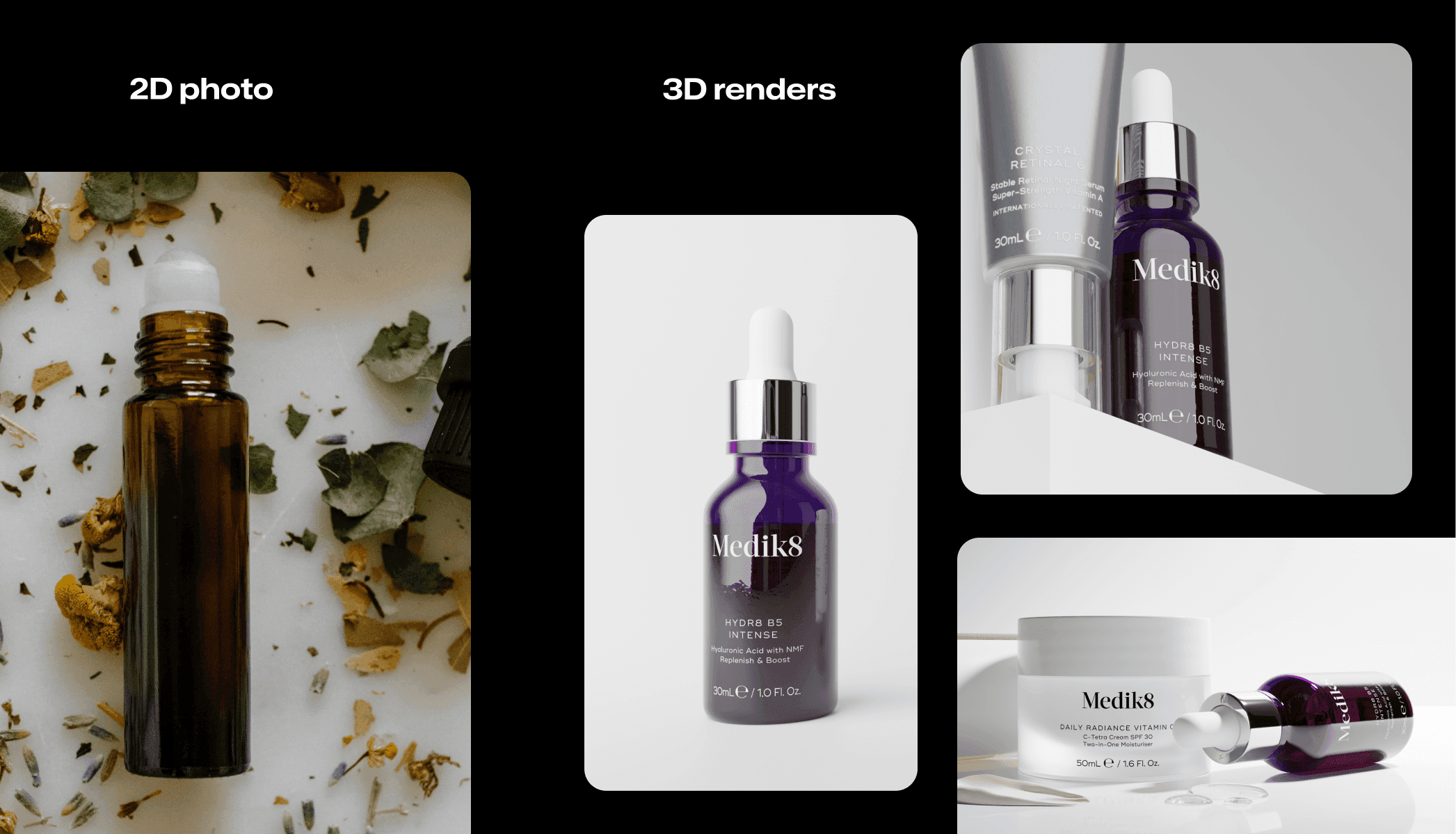 Traditional 2D photo, inconsistent lighting, next to photoreal 3D renders with consistent materials and shadows. Serum bottles.