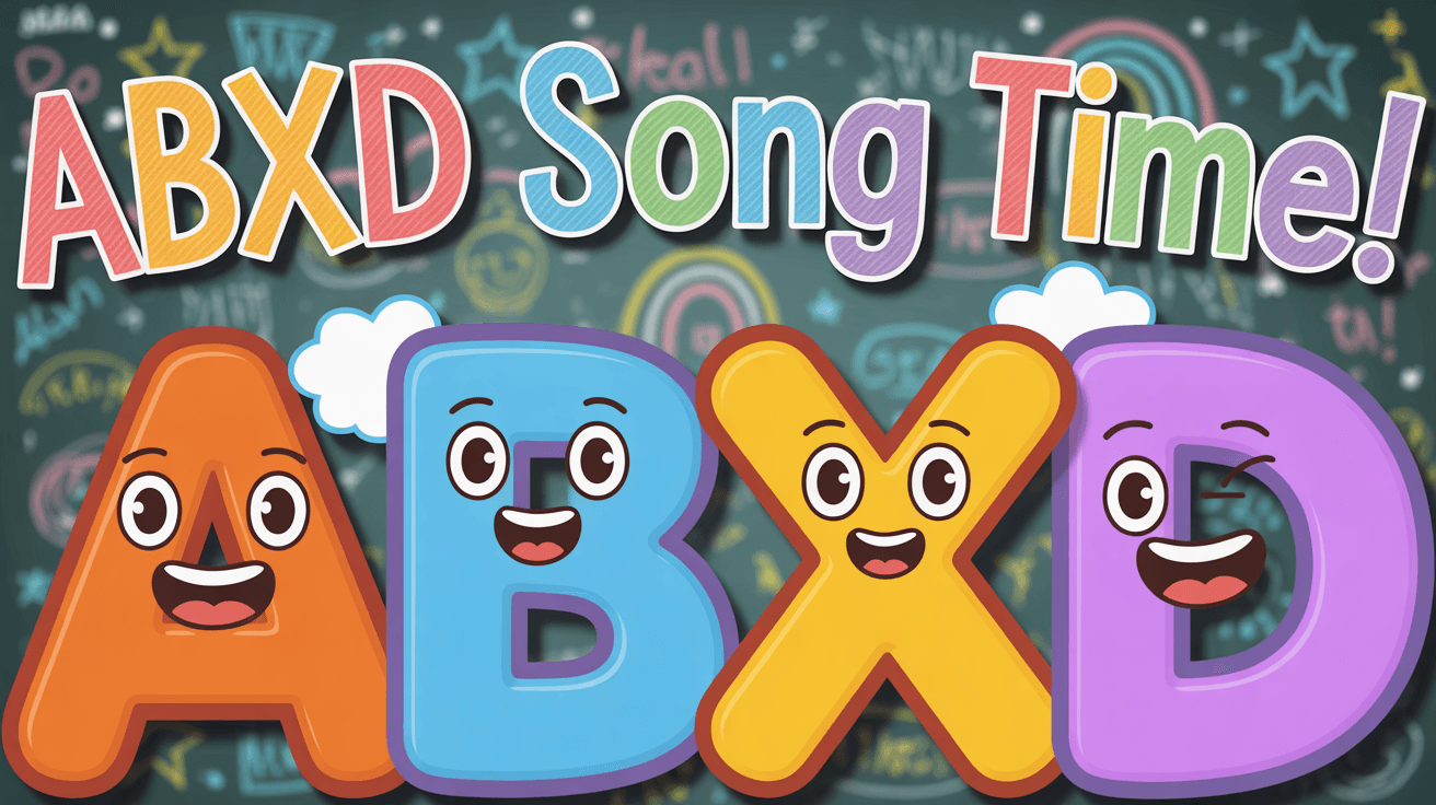 Cute cartoon letters A B X D on colorful chalkboard with doodles and ABXD Song Time text