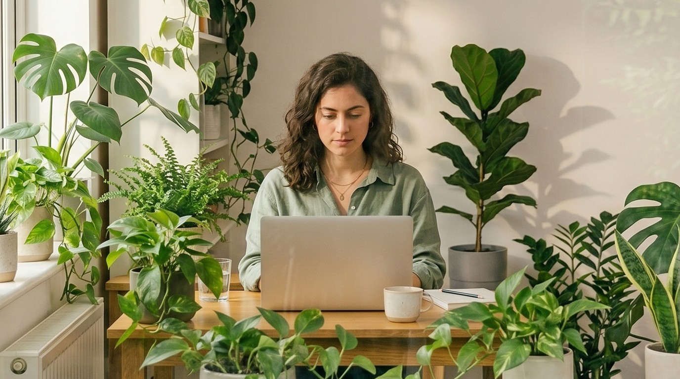 Newsletter creator working on a laptop surrounded by lush indoor plants in a bright natural home workspace