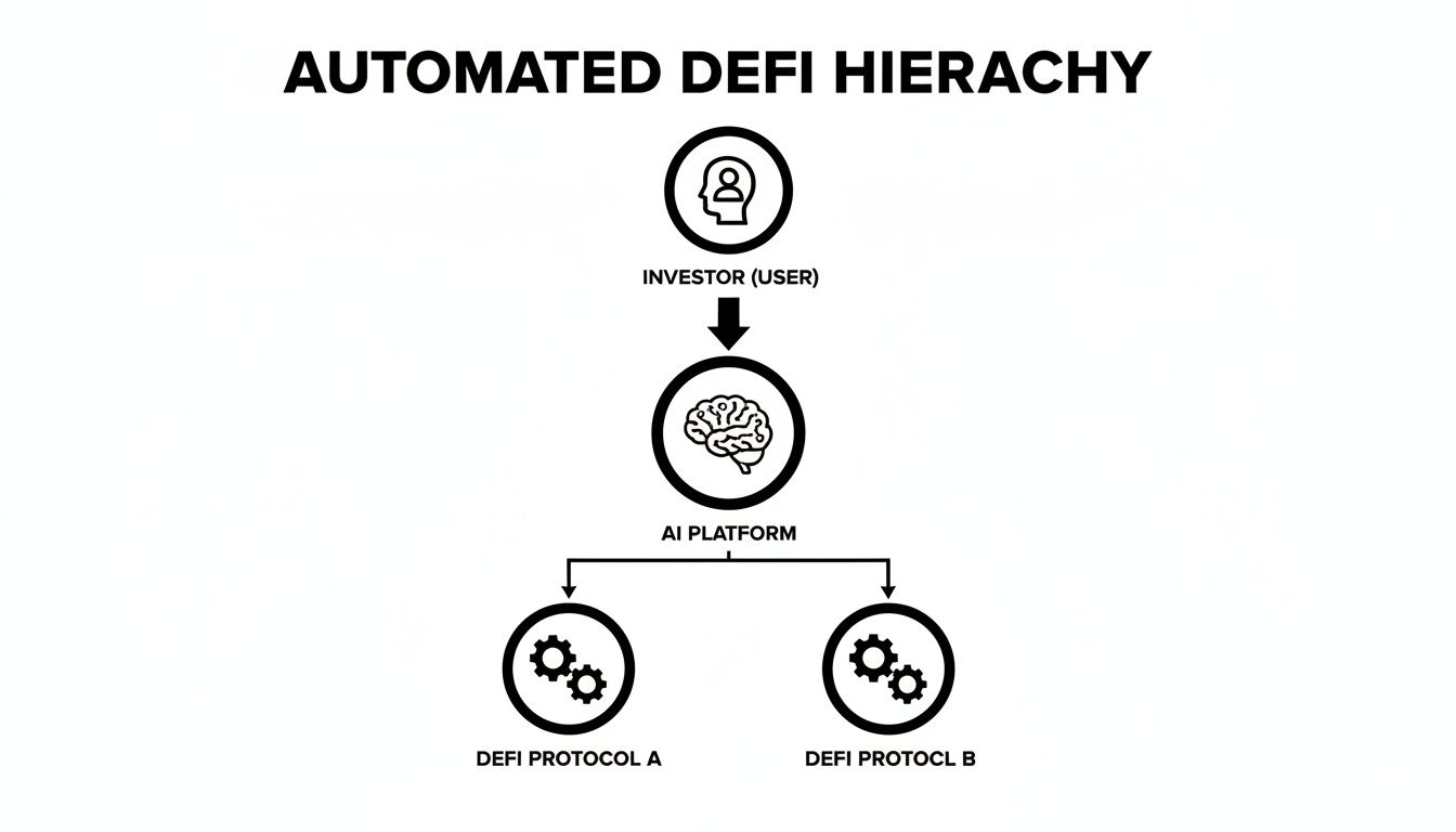 A diagram illustrating an automated DeFi hierarchy where an investor uses an AI platform to interact with multiple DeFi protocols.
