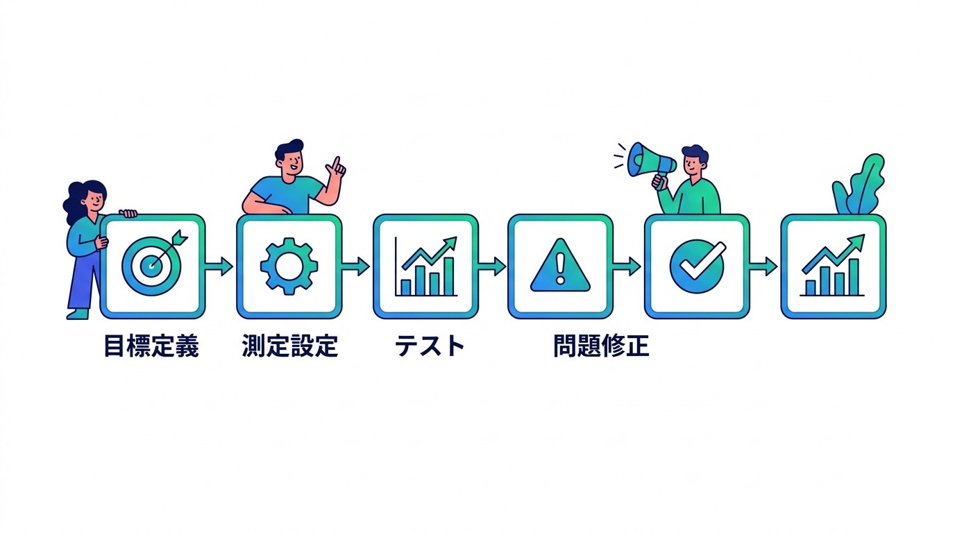 CV設定成功の6ステップ。目標定義から改善まで、各段階で検証を重ねることで測定精度を高める。特にテスト段階での重複確認とCV地点の妥当性検証が重要。