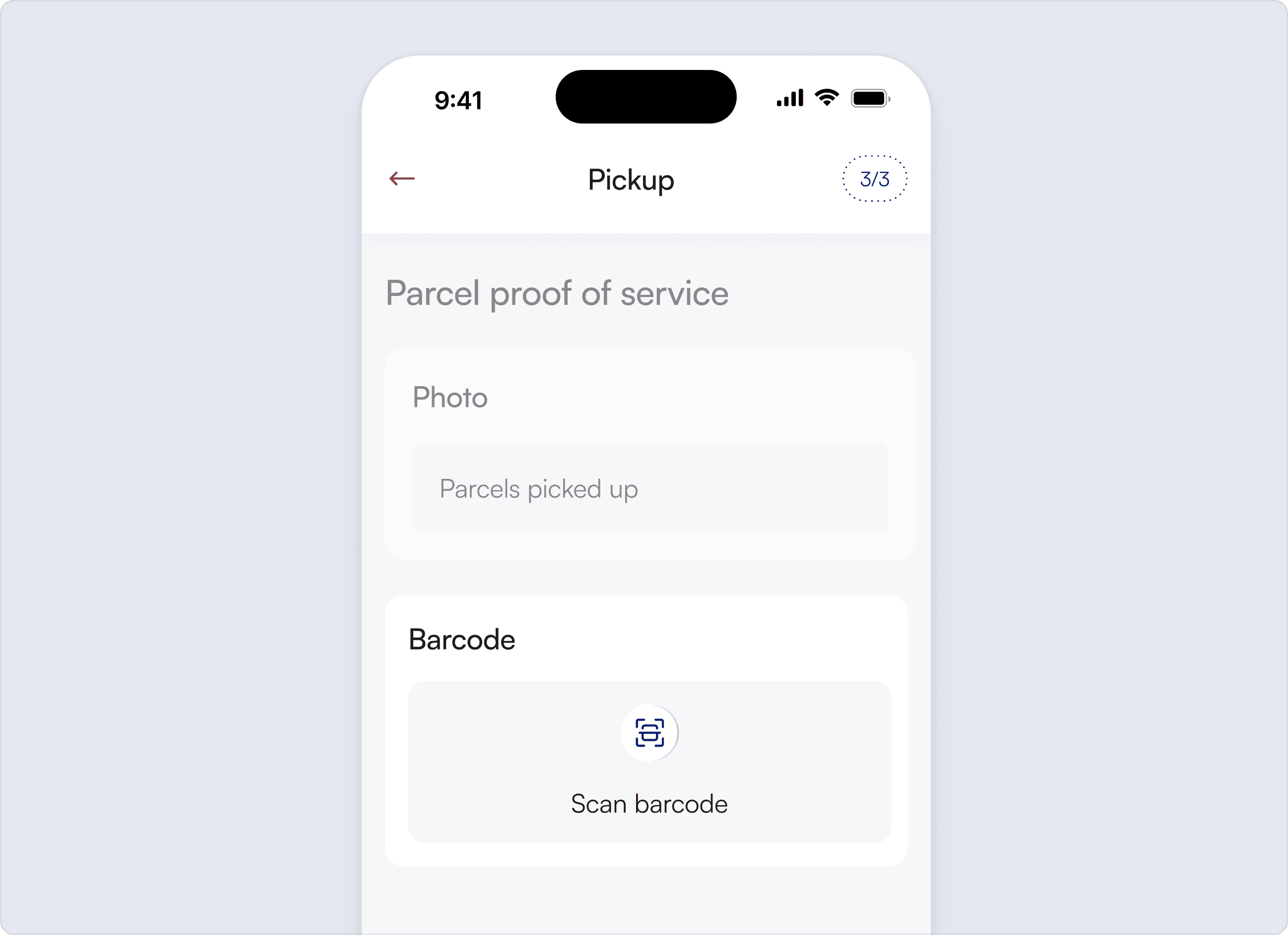 Parcel information screen