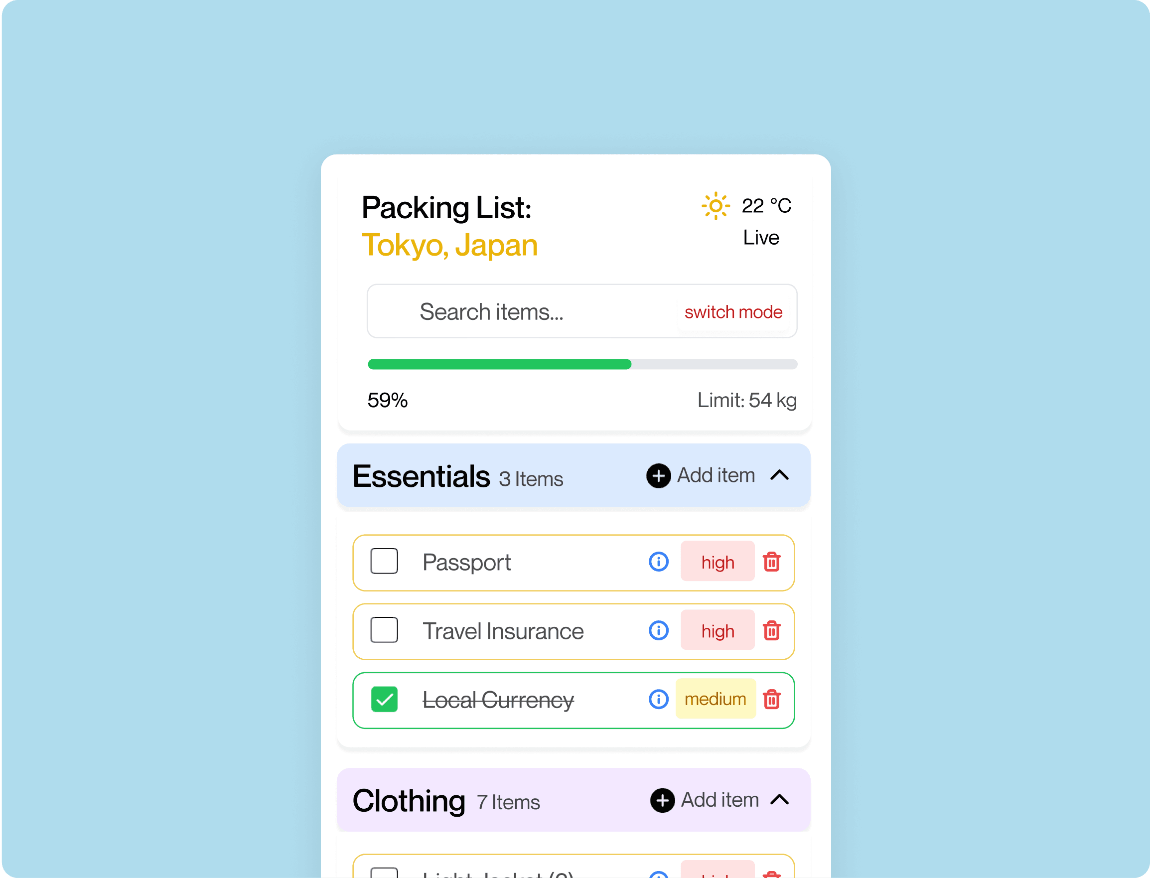 Packing checklist screen with Tokyo, Japan as example
