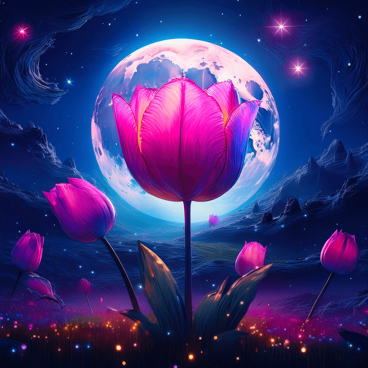 An AI-generated artistic image of a pink tulip against a full moon.