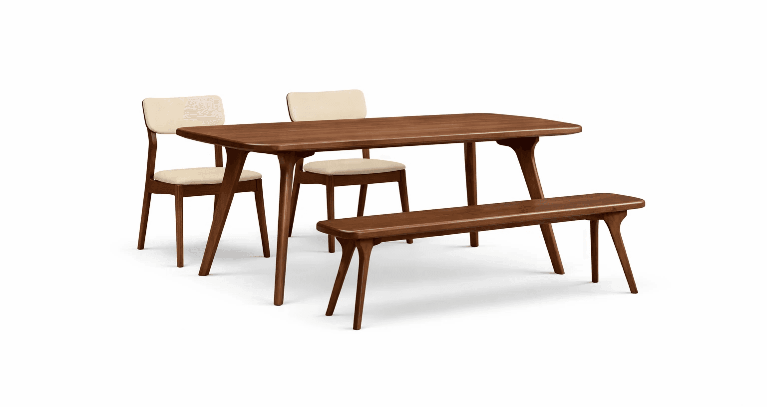 Transitional dining table with rounded corners, paired with a matching wooden bench and slim chairs