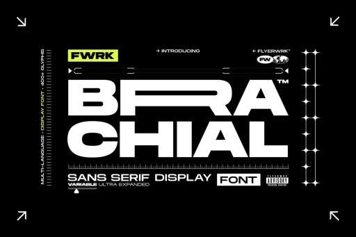 Brachial ultra wide font title on a black background with technical UI design elements