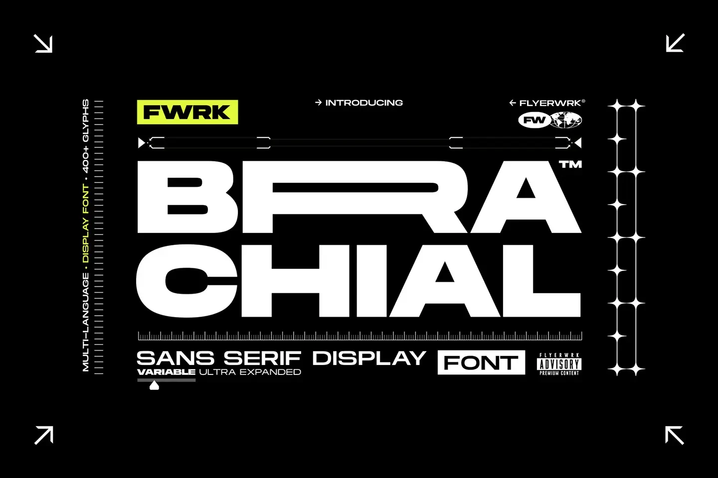 Brachial ultra wide font title on a black background with technical UI design elements