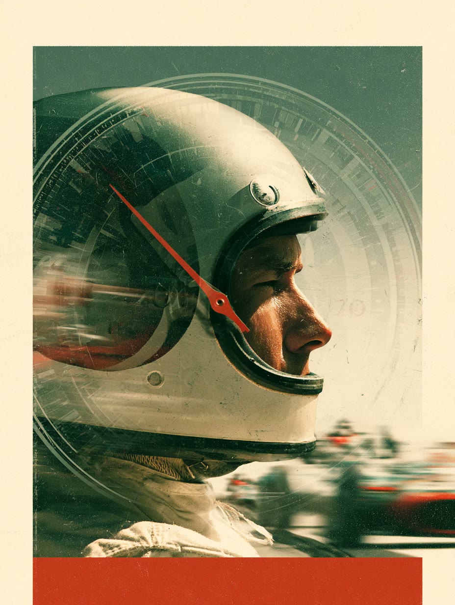 KI-Visual: Rennfahrer mit Retro-Helm im Stil eines Vintage-Plakats