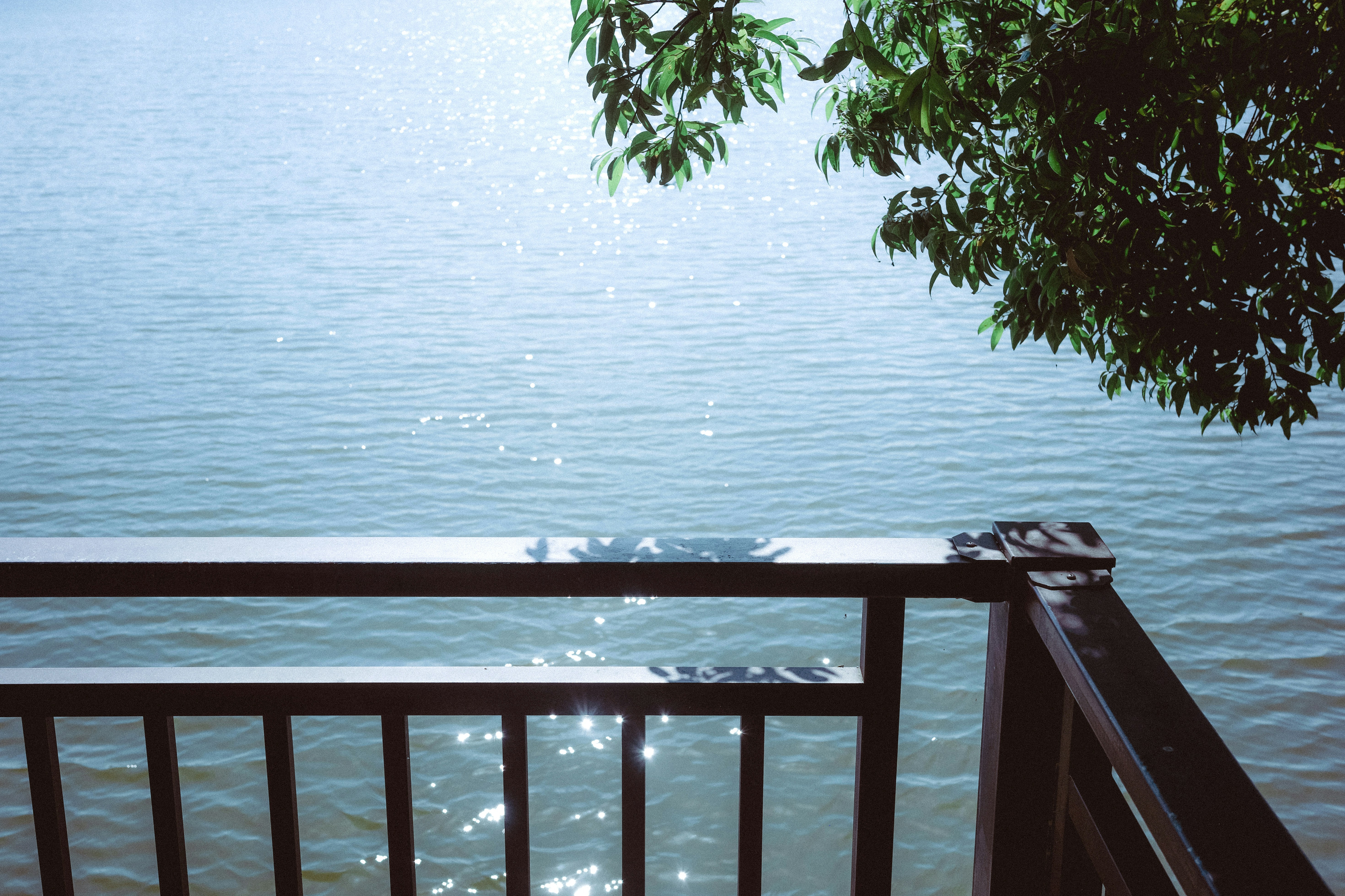 Sun on the bay seen over the cottage deck rail