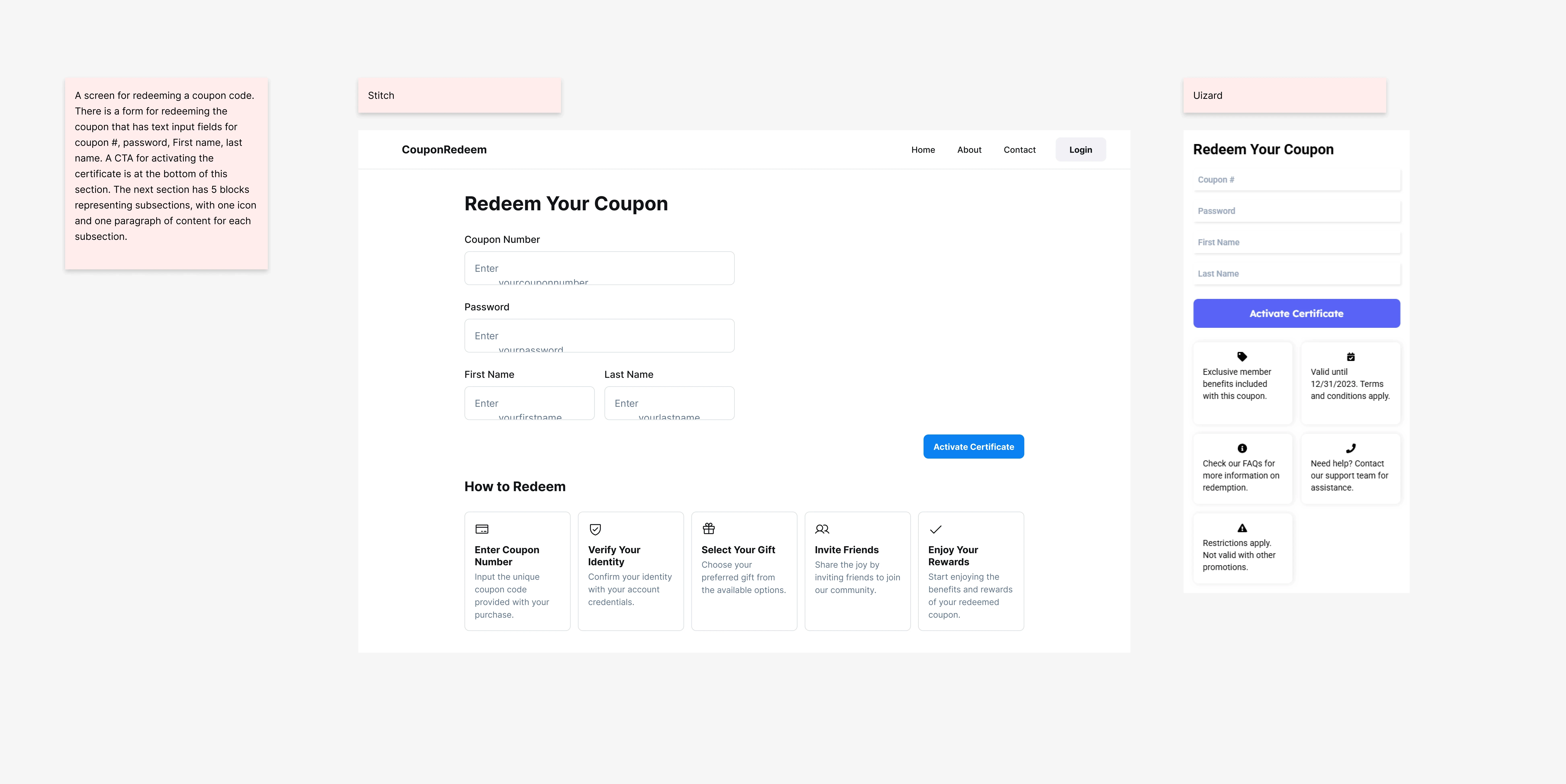 A screen for redeeming a coupon code. There is a form for redeeming the coupon that has text input fields for coupon #, password, First name, last name. A CTA for activating the certificate is at the bottom of this section. The next section has 5 blocks representing subsections, with one icon and one paragraph of content for each subsection.