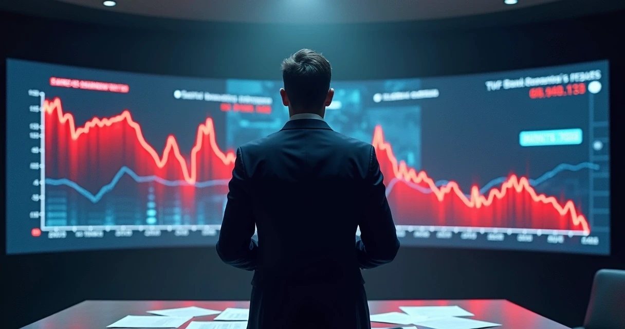 Empresário ao centro, expressão cautelosa, gráficos financeiros descendentes ao fundo