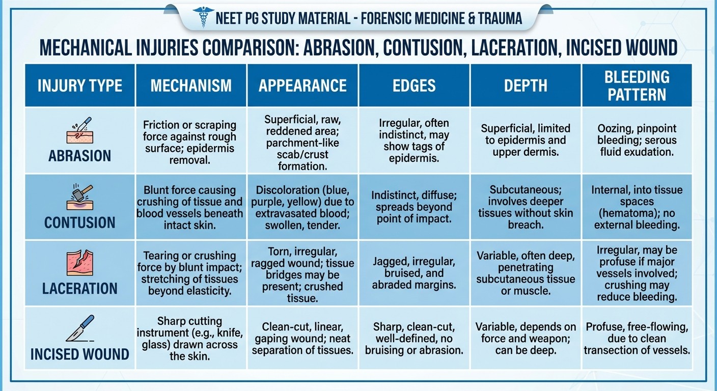 Comparison table of mechanical injuries showing key differences for NEET PG forensic medicine