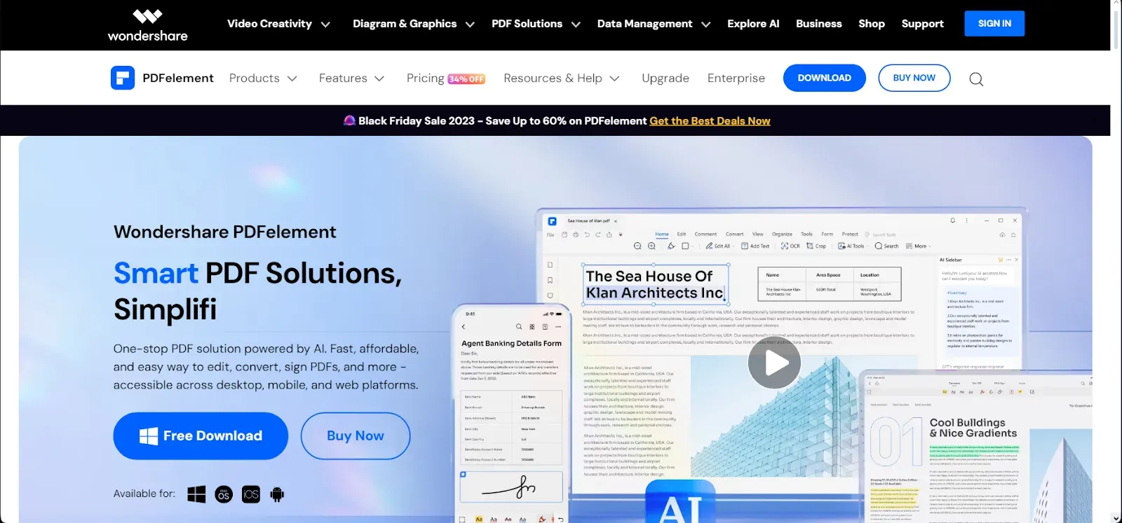 Wondershare PDFelement logo, an advanced PDF editor offering OCR and AI tools for PDF management.