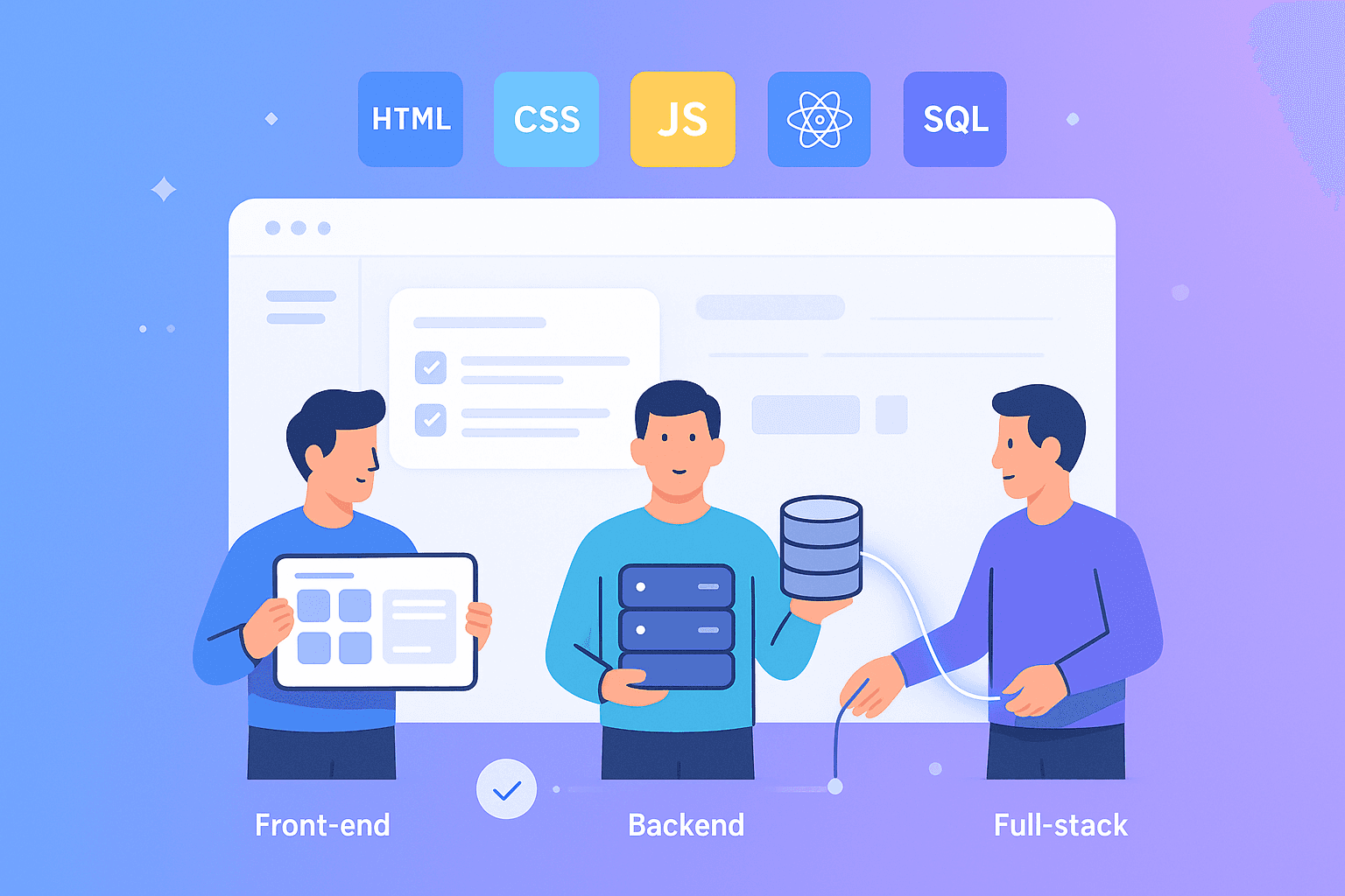 Illustration of front-end, back-end, and full-stack developers with a SaaS-style dashboard visual representing hiring the right web app developers and evaluating developer roles.