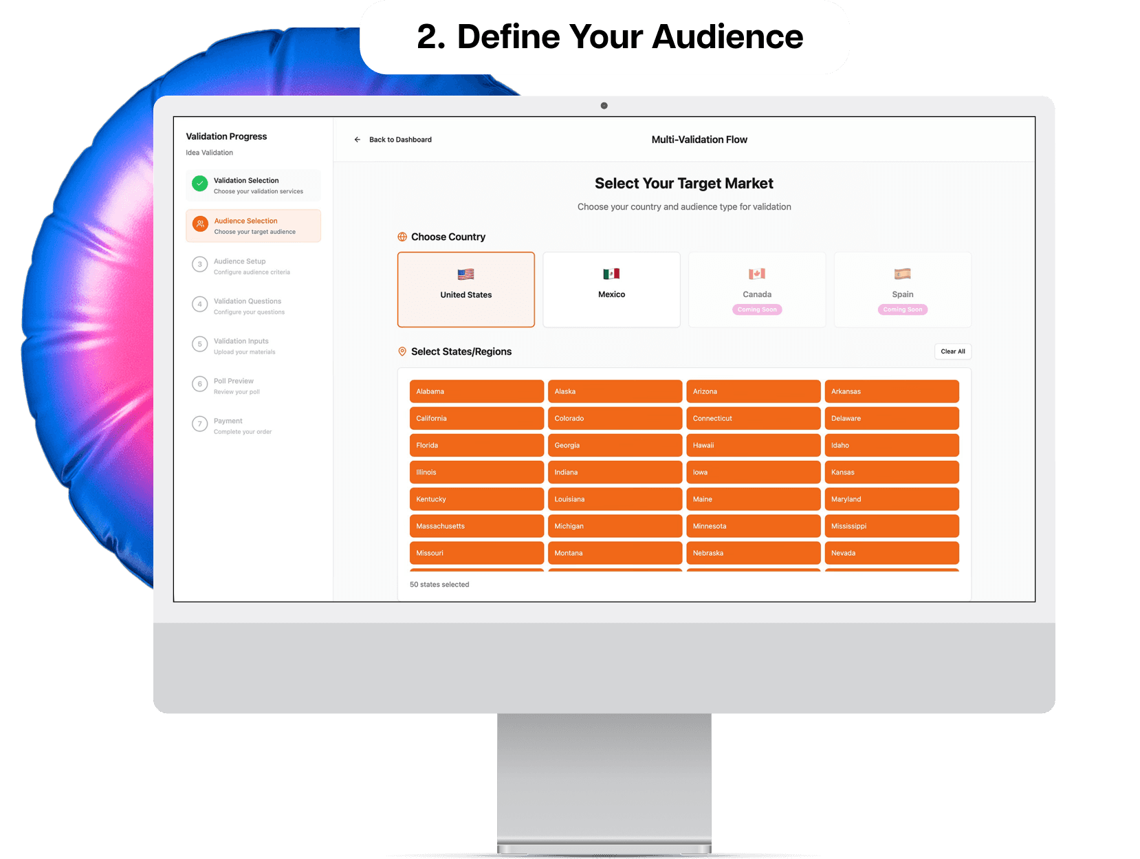 The SegmentOS platform interface for Step 2: Define Your Audience, showing a user selecting their target market's country and specific states or regions.