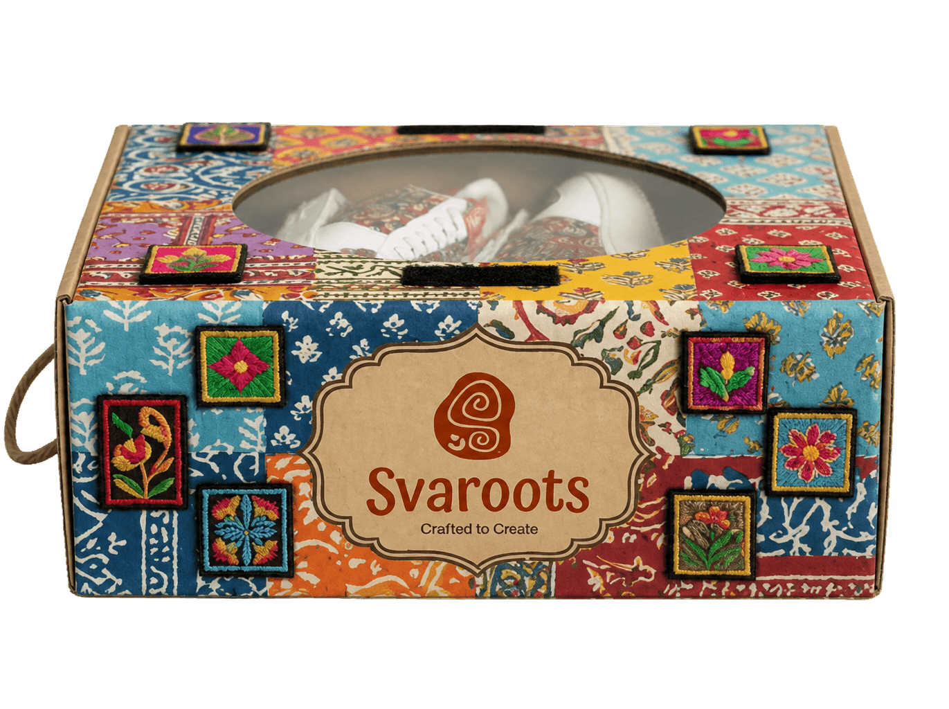 A Svaroots shoebox wrapped in a block-printed textile pattern