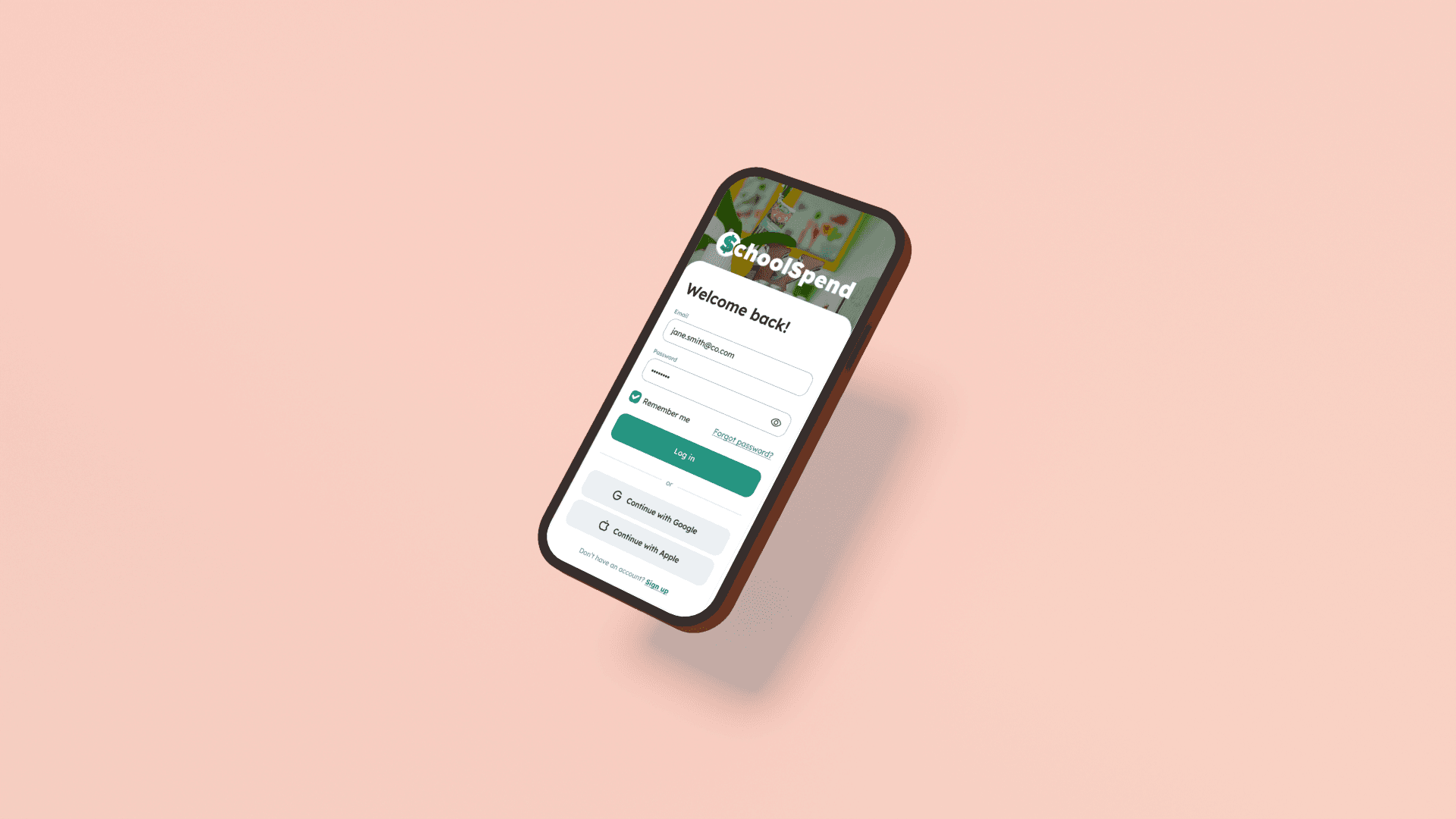 a mock up of a phone with the schoolspend app opened on the login screen