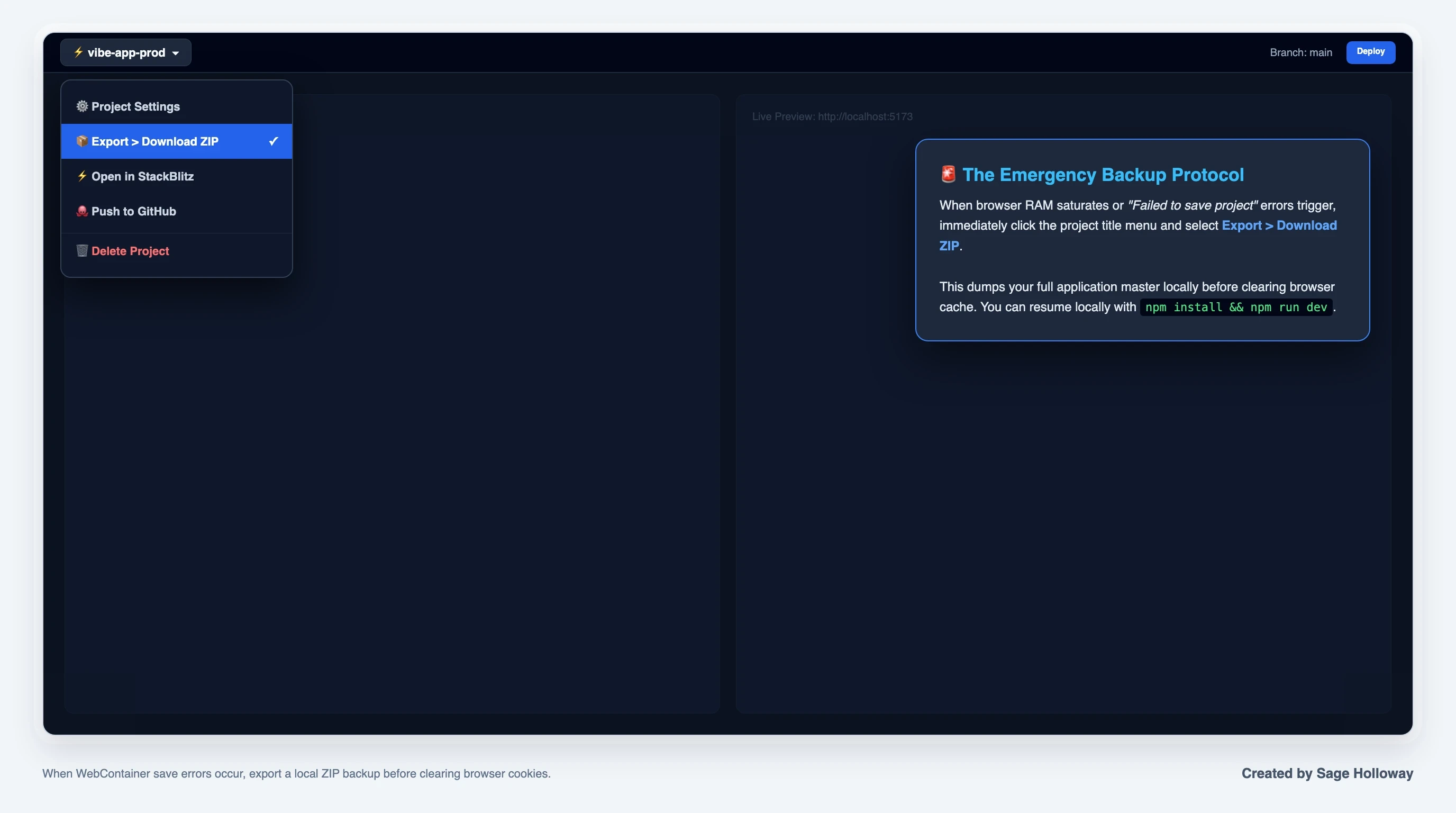 Teaching reconstruction of Bolt.new top header dropdown showing Export and Download ZIP options