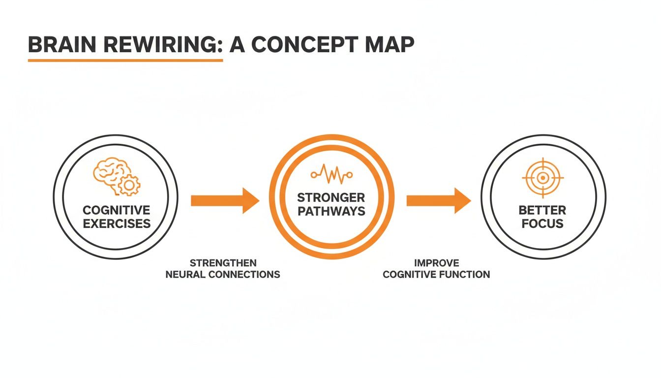 Concept map illustrating brain rewiring from cognitive exercises to stronger neural pathways and better focus.