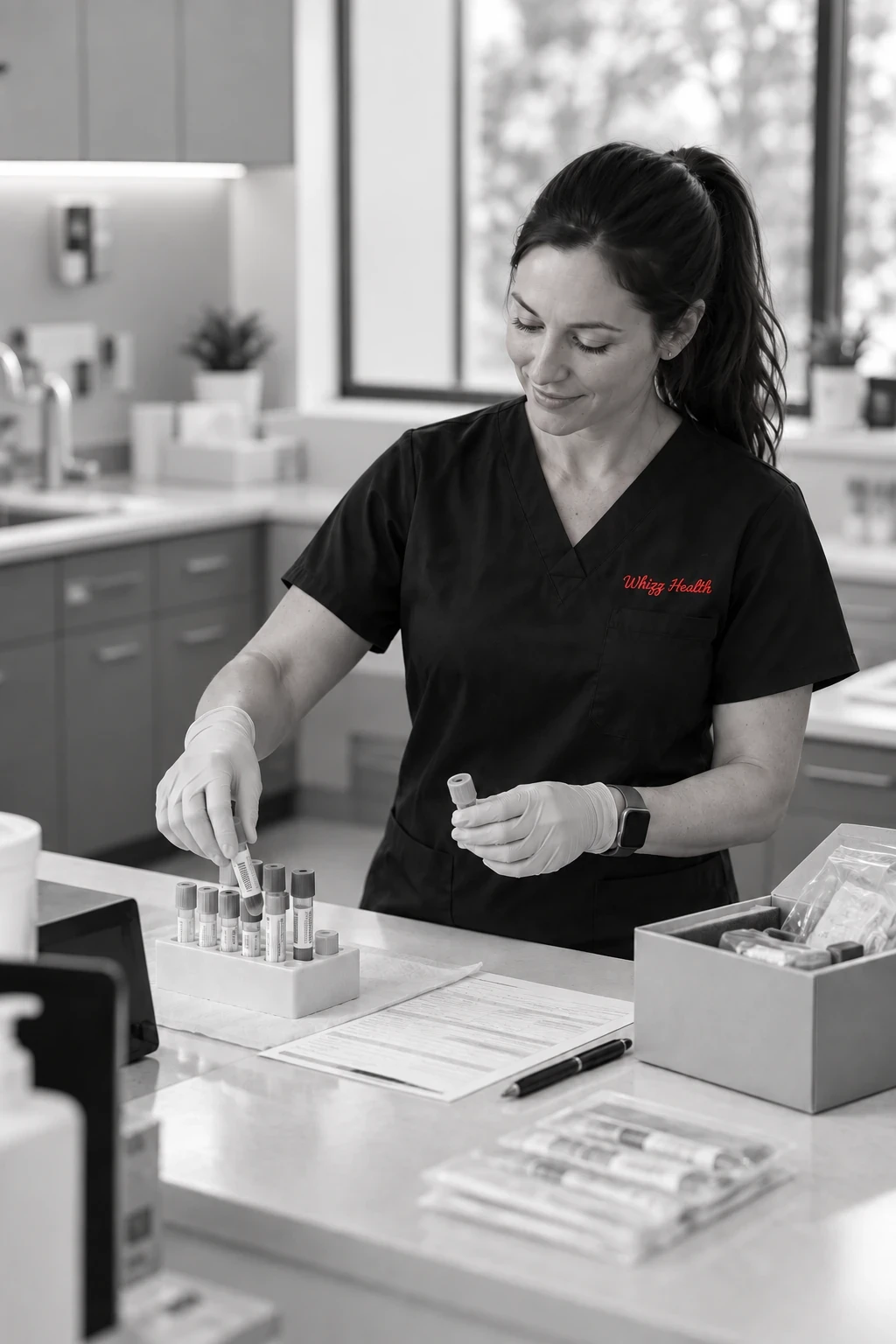 Research coordinator preparing a study visit kit with labeled sample tubes