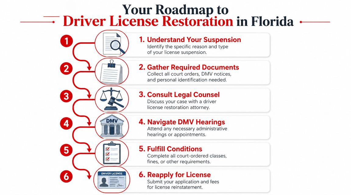 A six-step infographic detailing the process for restoring a suspended driver license in the state of Florida.