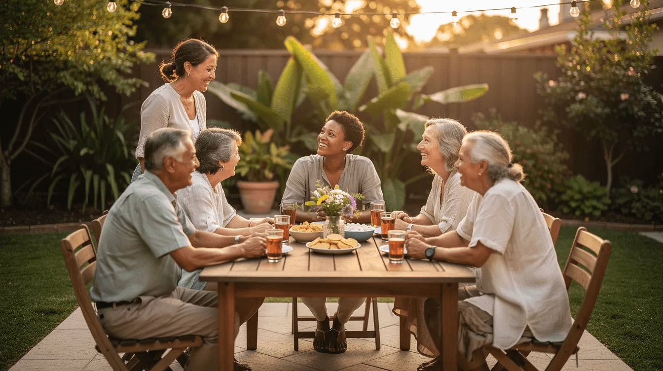 The image depicts a serene family gathering outdoors, where adults are engaged in conversation around a patio table, enjoying each other's company in a peaceful setting. This scene reflects the importance of relationships and communication, similar to how families discuss financial matters with their trusted financial advisors or certified public accountants for informed decision-making.