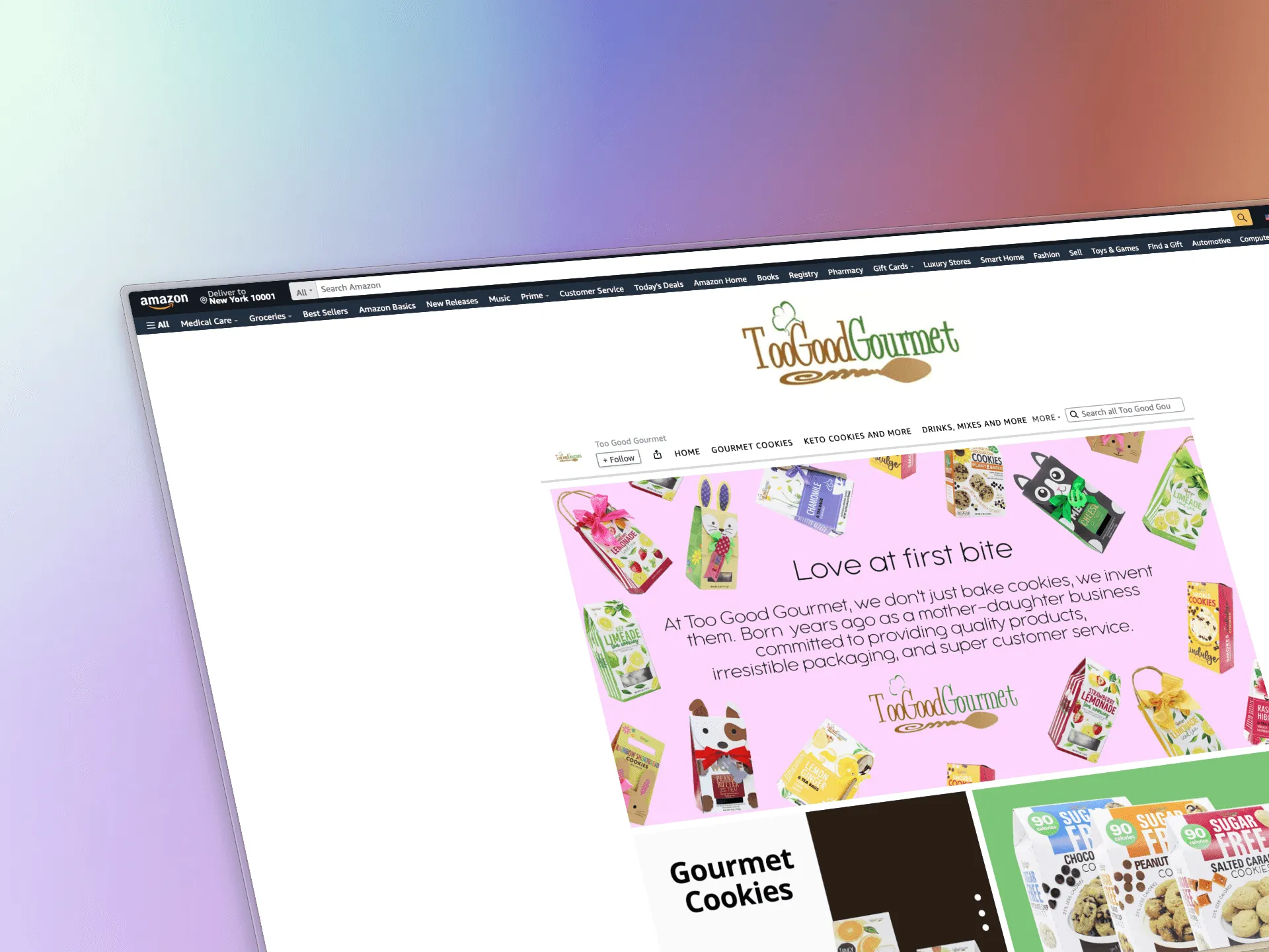Design portfolio project showing Jeffrey Hakim's UI/UX design for Too Good Gourmet's e-commerce Amazon Page, showcasing branding identity and logo design. designed by Jeffrey Hakim