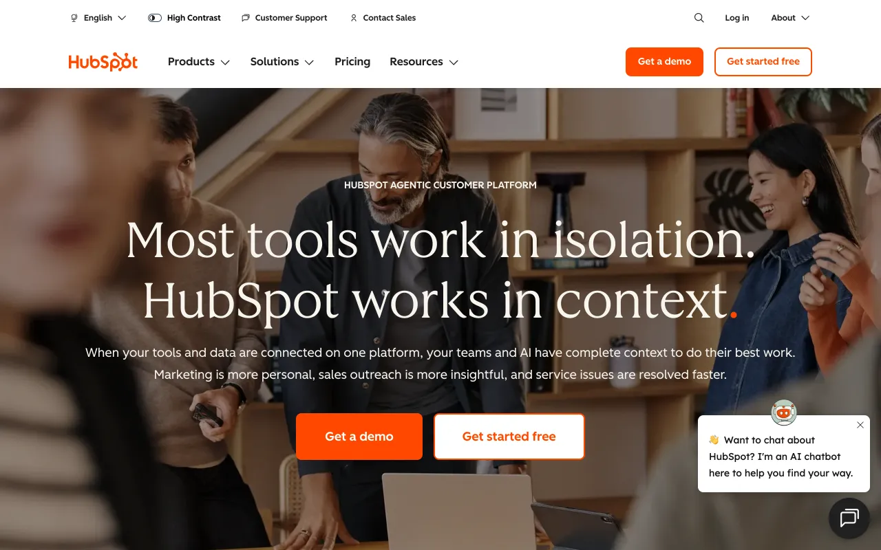 HubSpot homepage, Sales Hub CRM with conversation intelligence and coaching