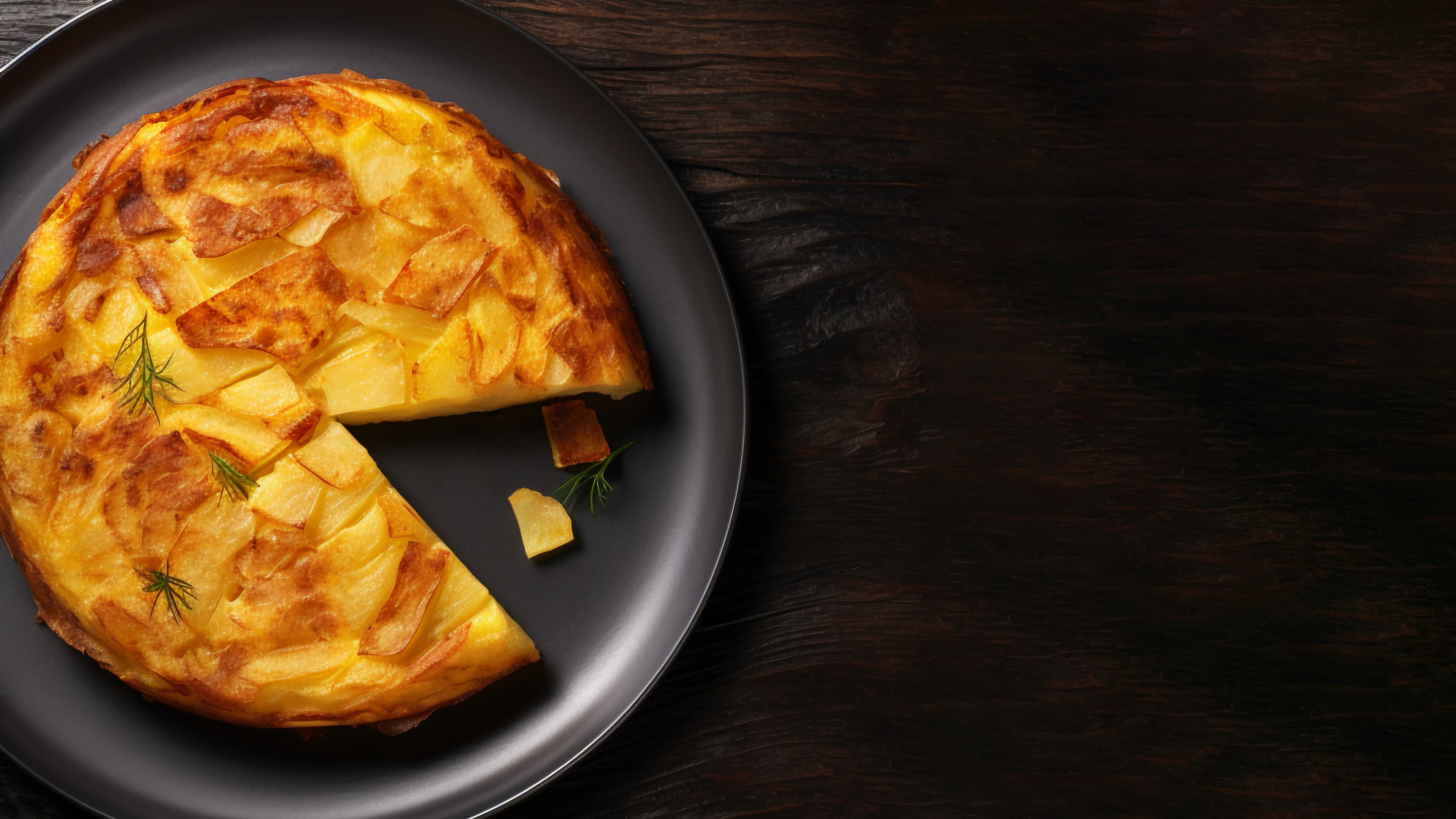 A classic golden-brown Spanish Tortilla (potato and onion omelet) on a dark gray plate, with one slice cut out and garnished with a sprig of dill, set against a dark, rustic wooden surface