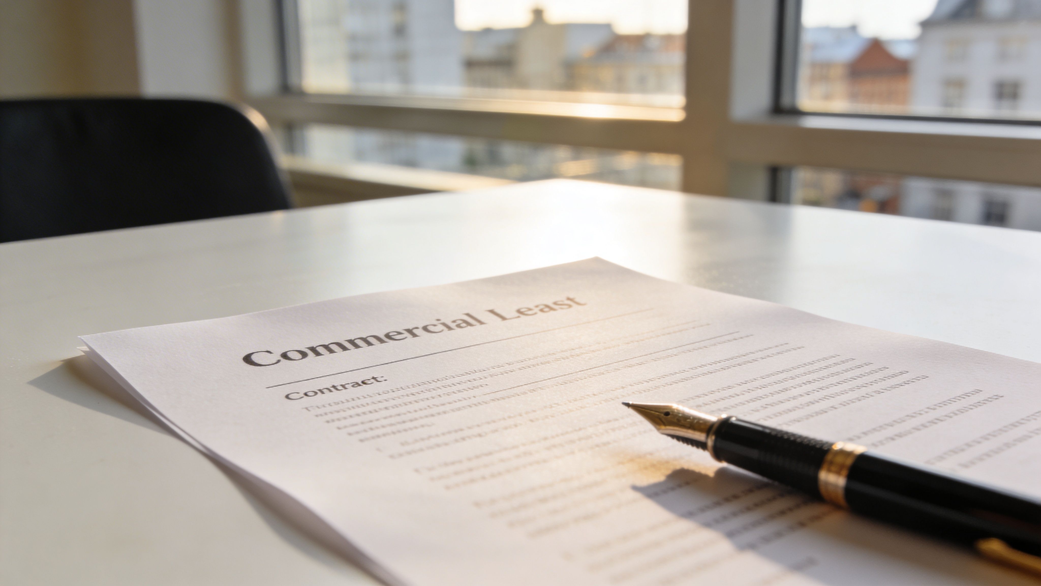 Close-up of a commercial lease agreement document with a fountain pen on a desk by a window
