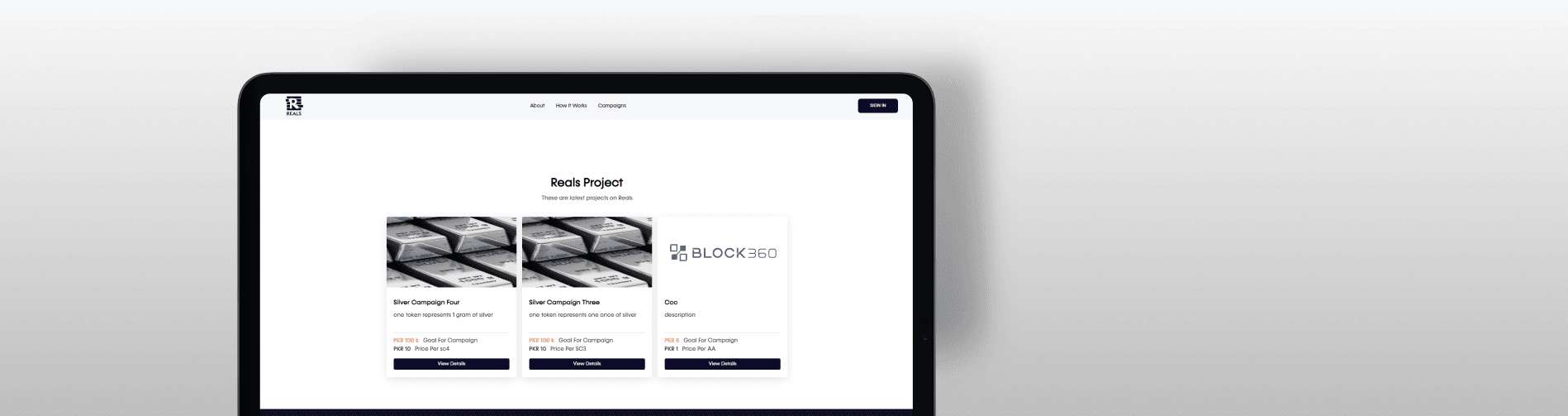 Detailed web interface of REALS showing global asset distribution and user portfolio management features