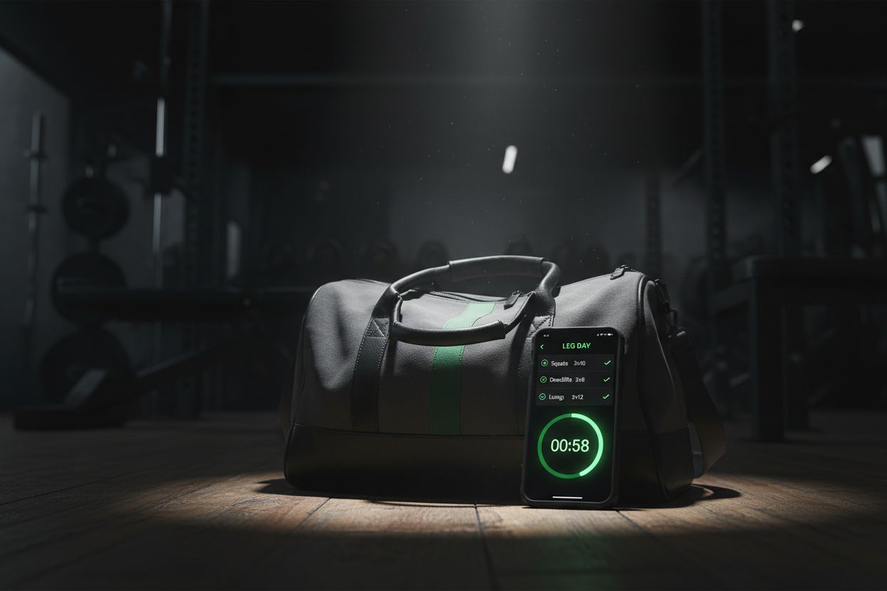 A gym bag next to a phone displaying a workout log and rest timer