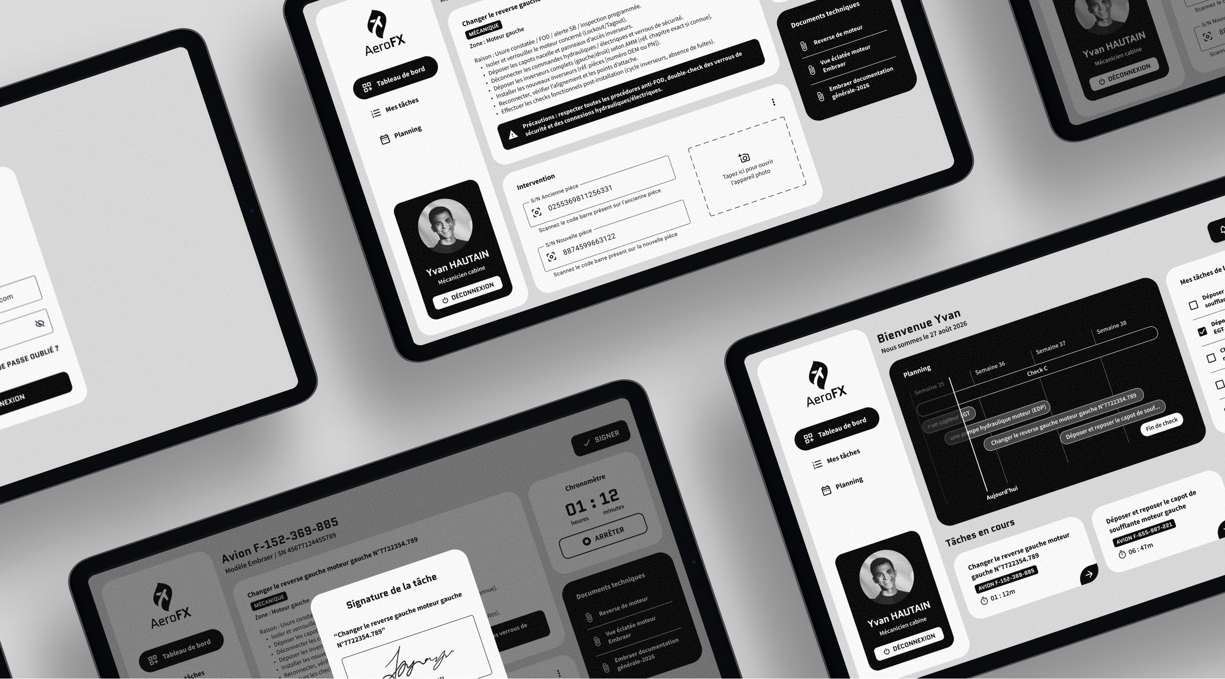 Ecrans de tablette avec application métier paperless noir et blanc 