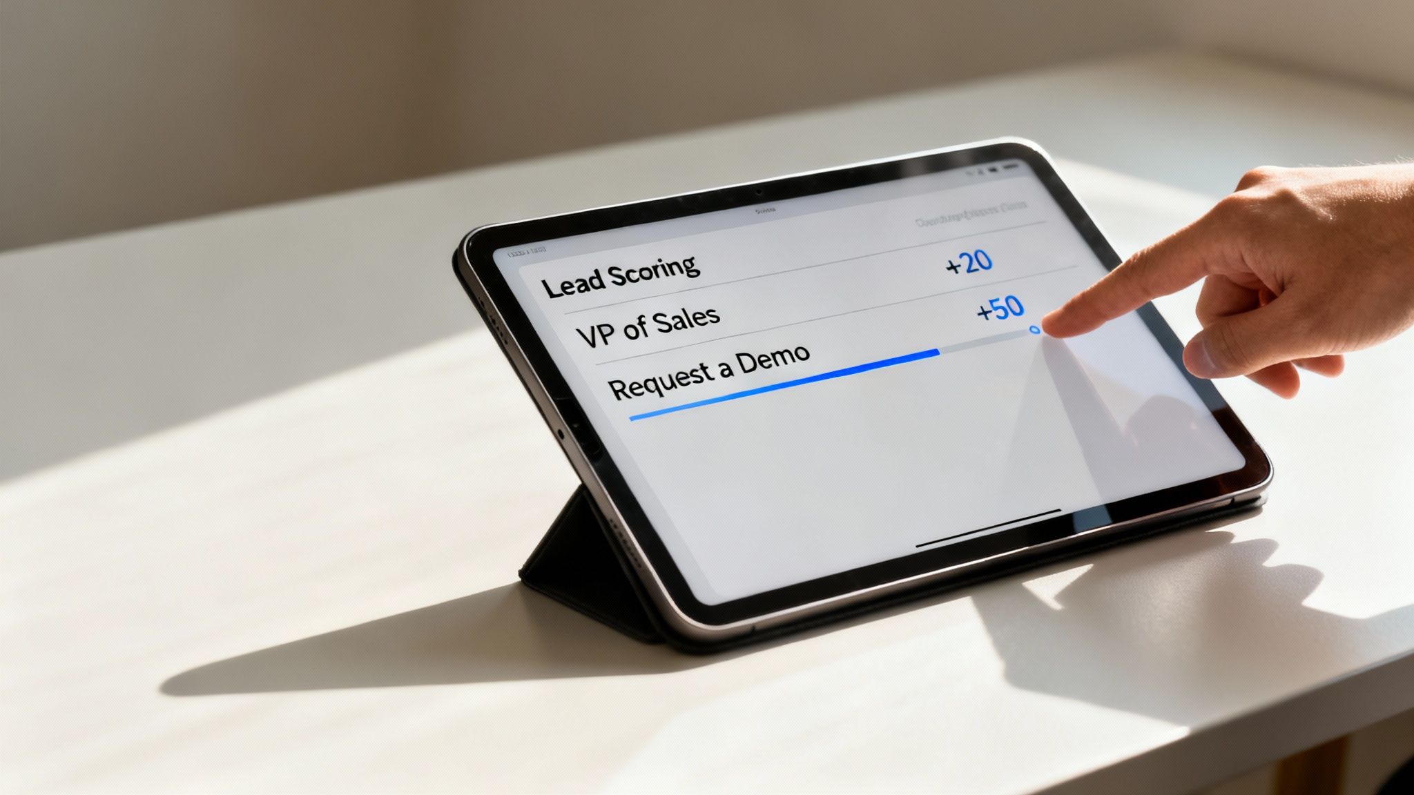 A hand tapping a tablet screen displaying a lead scoring application with progress bars.