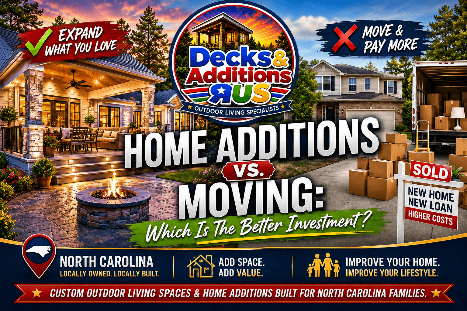 Graphic comparing home additions versus moving featuring outdoor living spaces and North Carolina home improvement messaging.