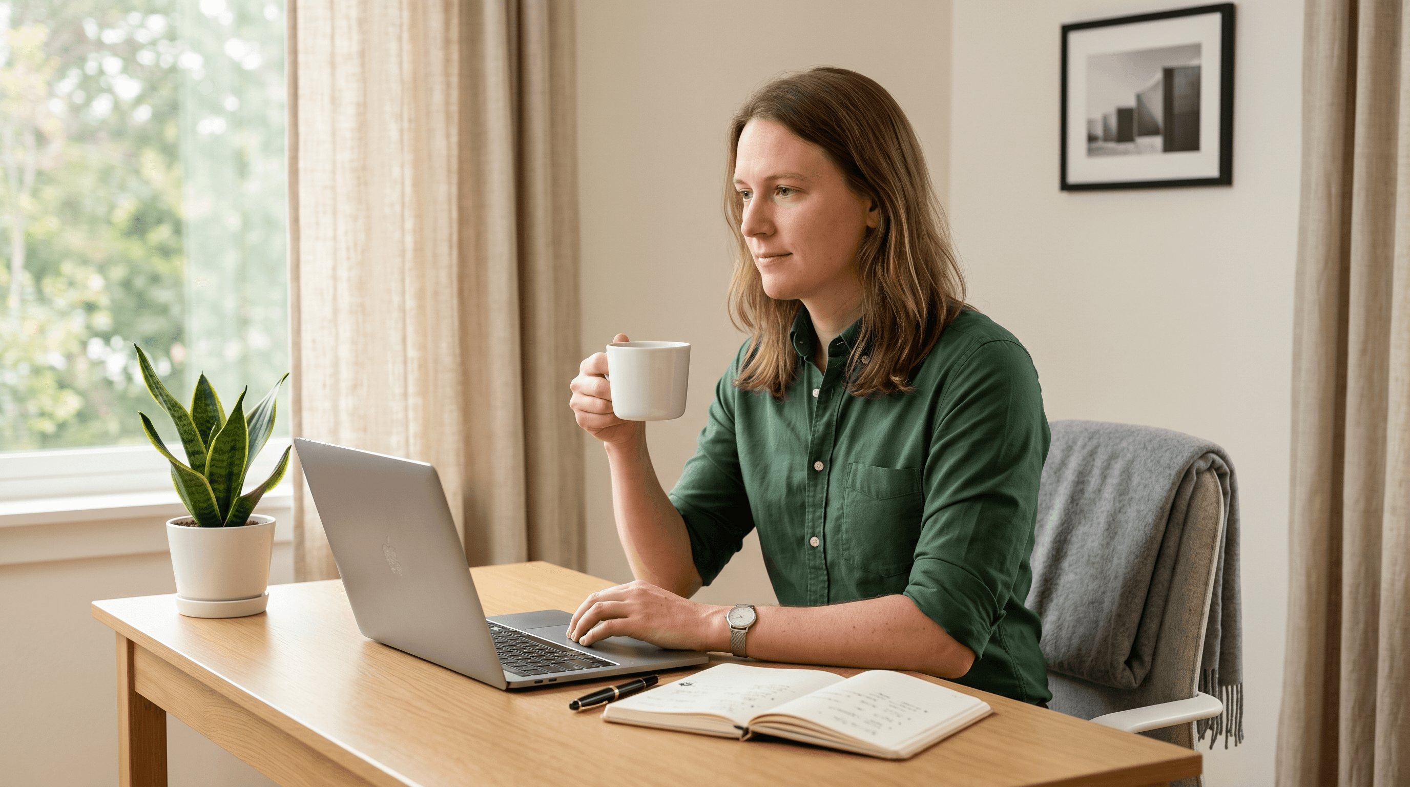 Person typing on a laptop in a softly lit home office, holding a coffee mug, looking thoughtful but composed