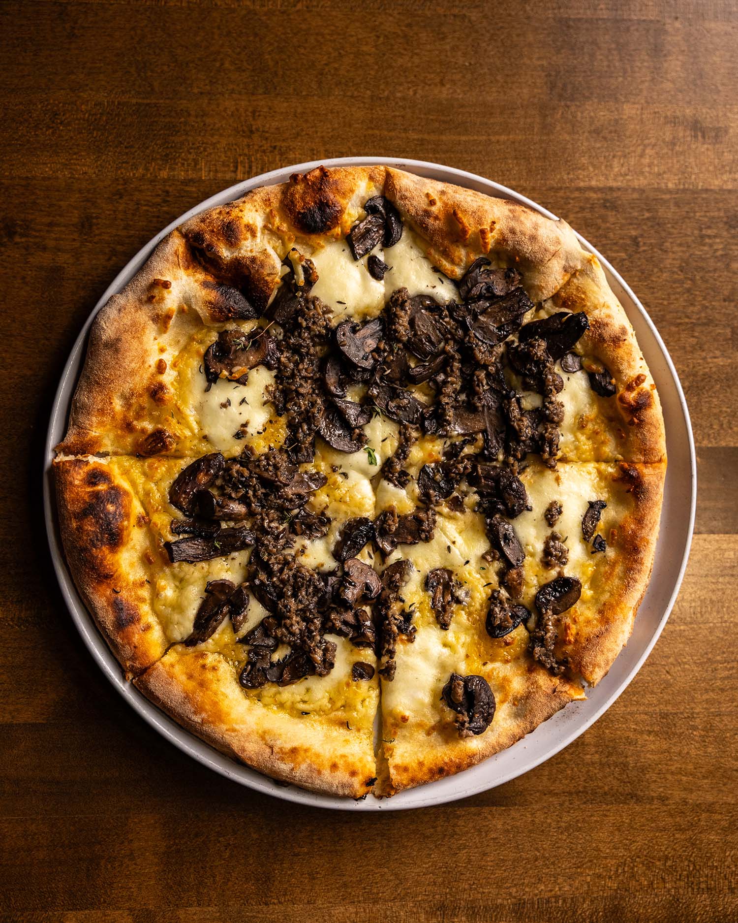 Wooden Paddle Smoke and Shrooms mushroom truffle pizza overhead La Grange IL